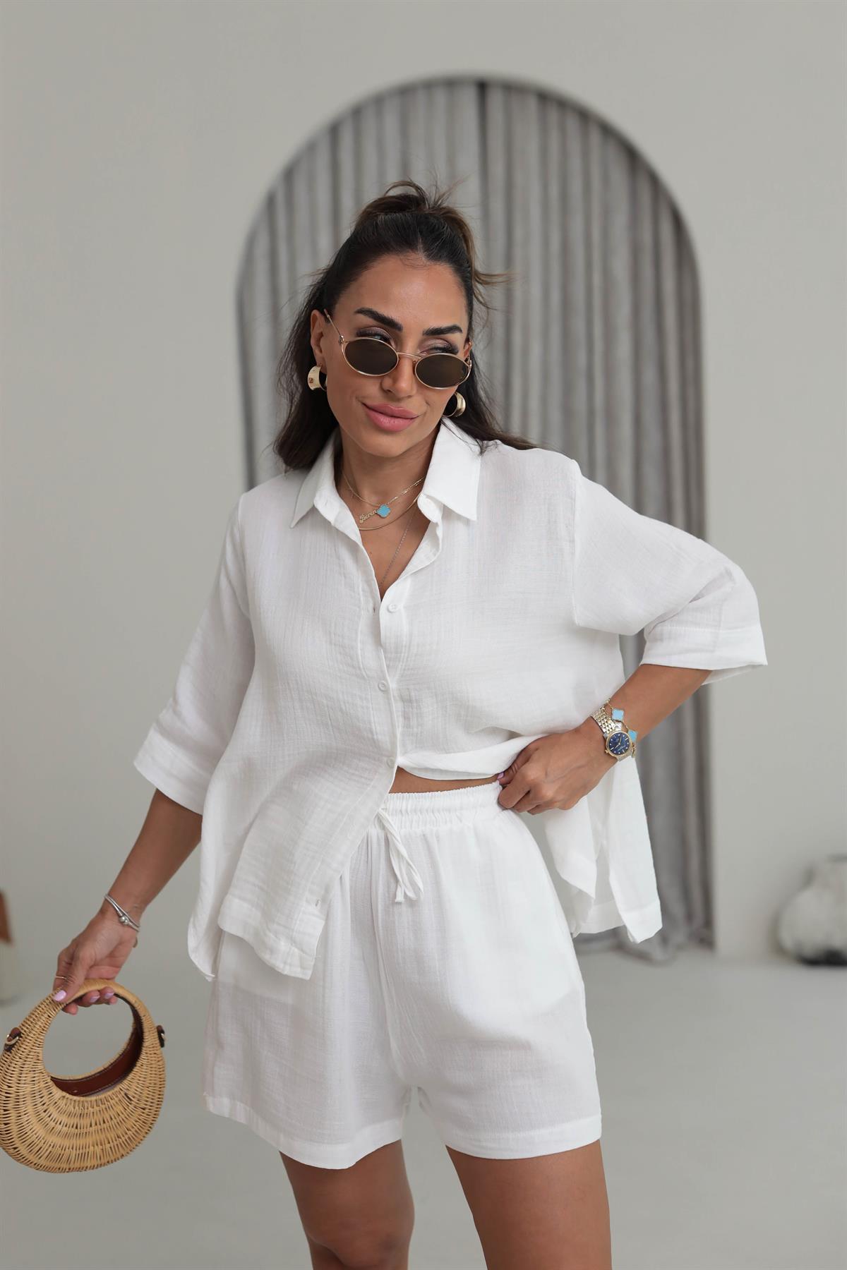0427 Müslin Kumaş Gömlek Şort Takım BEYAZ