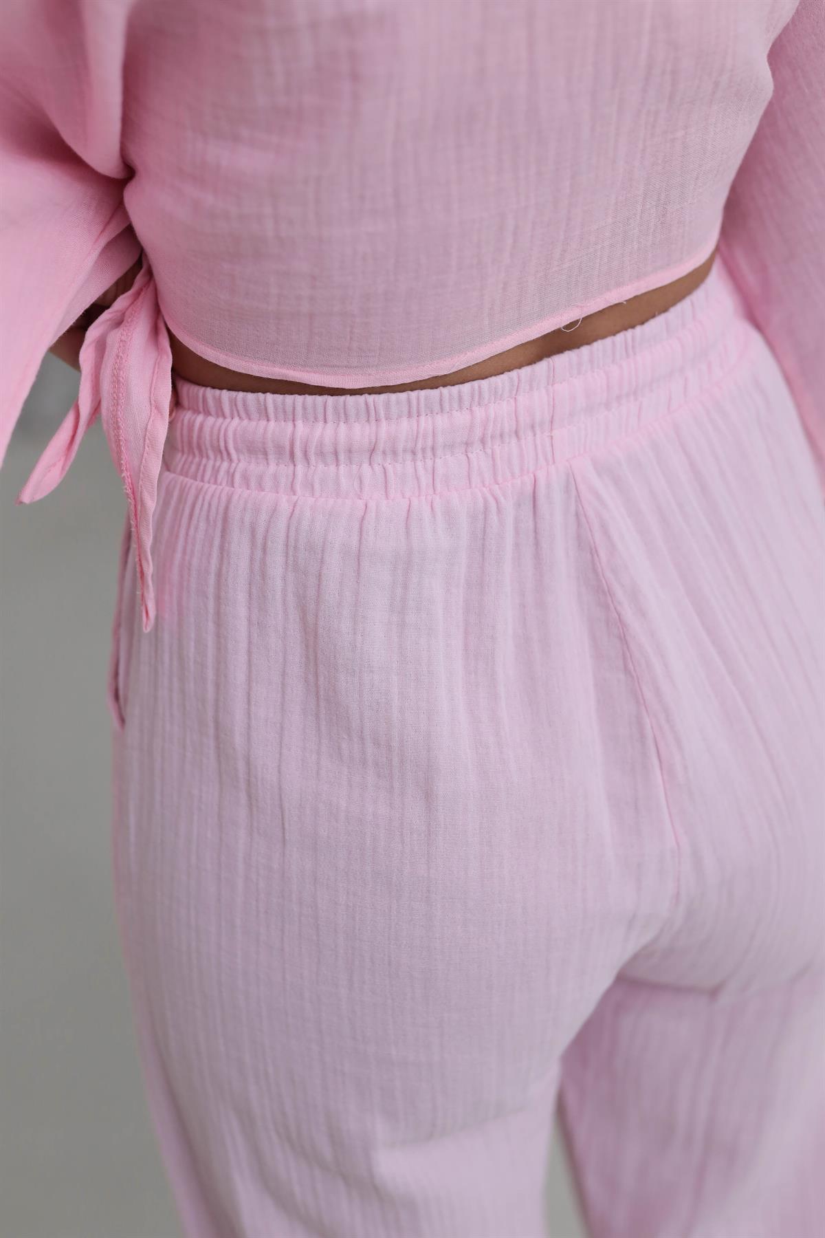 0255Y Paçası Pensli Müslin Pantolon PEMBE
