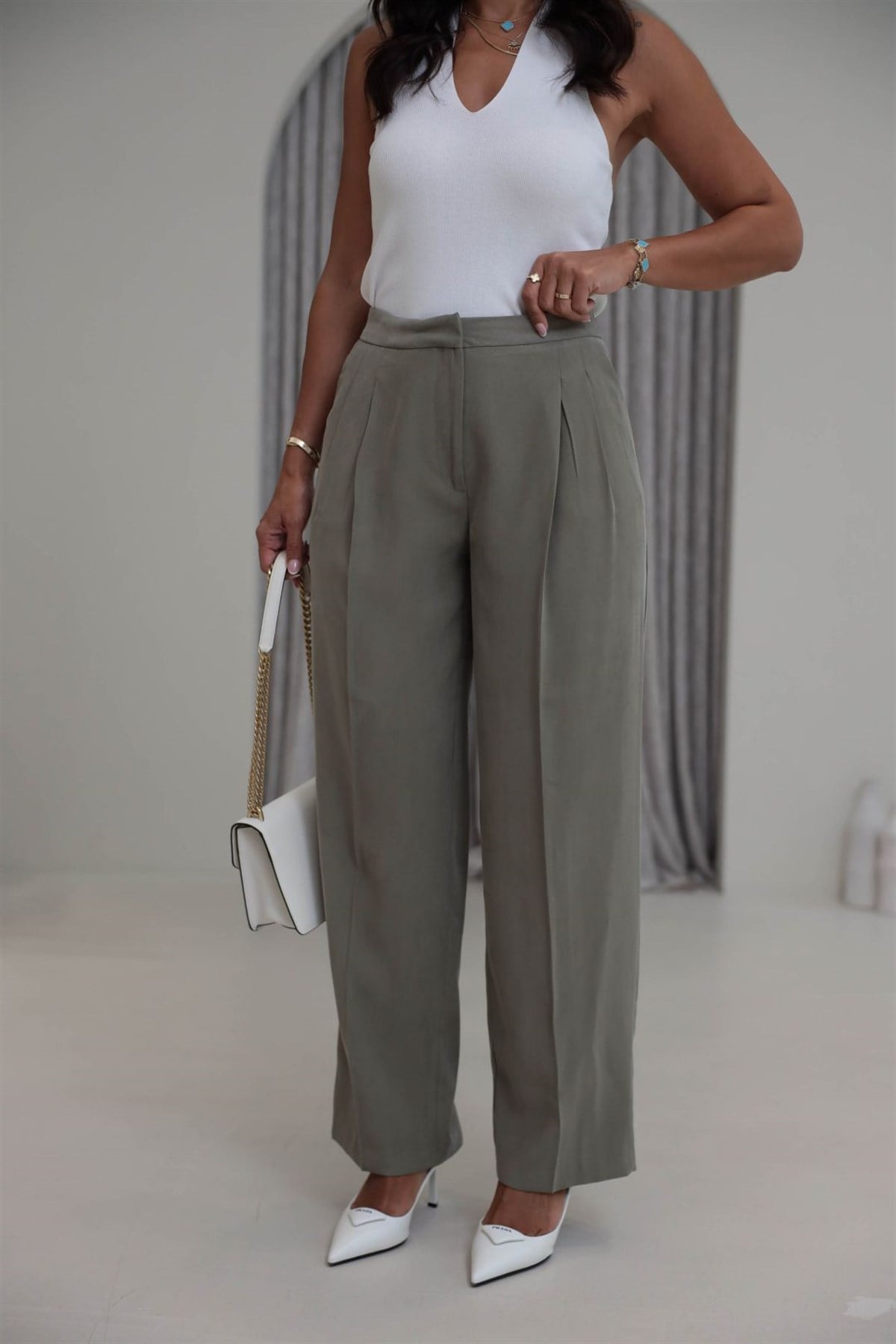 7545 Beli Ayarlanabilir Tencel Pantolon HAKİ YEŞİL