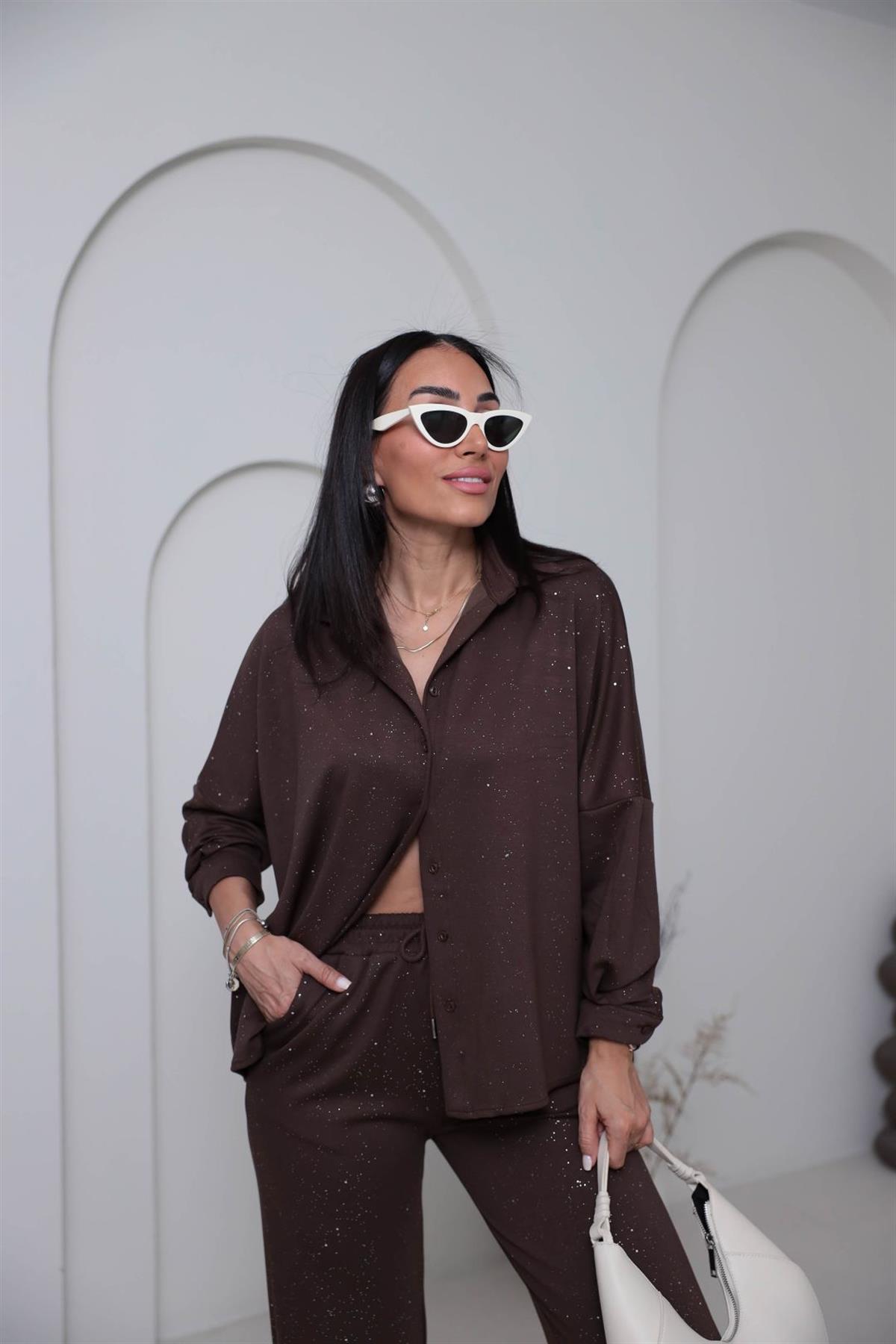 2524  Sim Geçişli Gömlek Pantolon Takım KAHVE