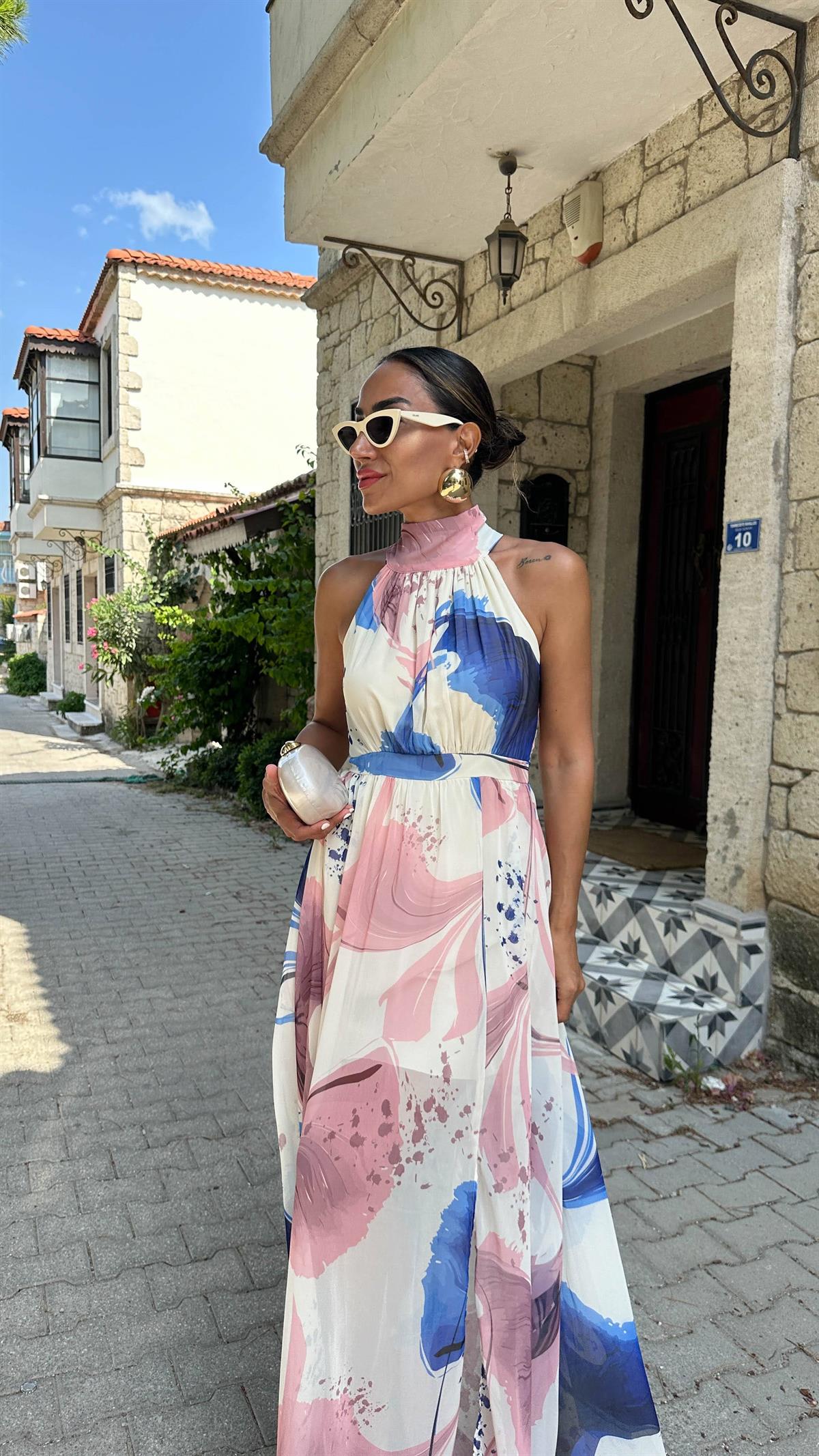 3242 Halter Yaka Desenli Elbise