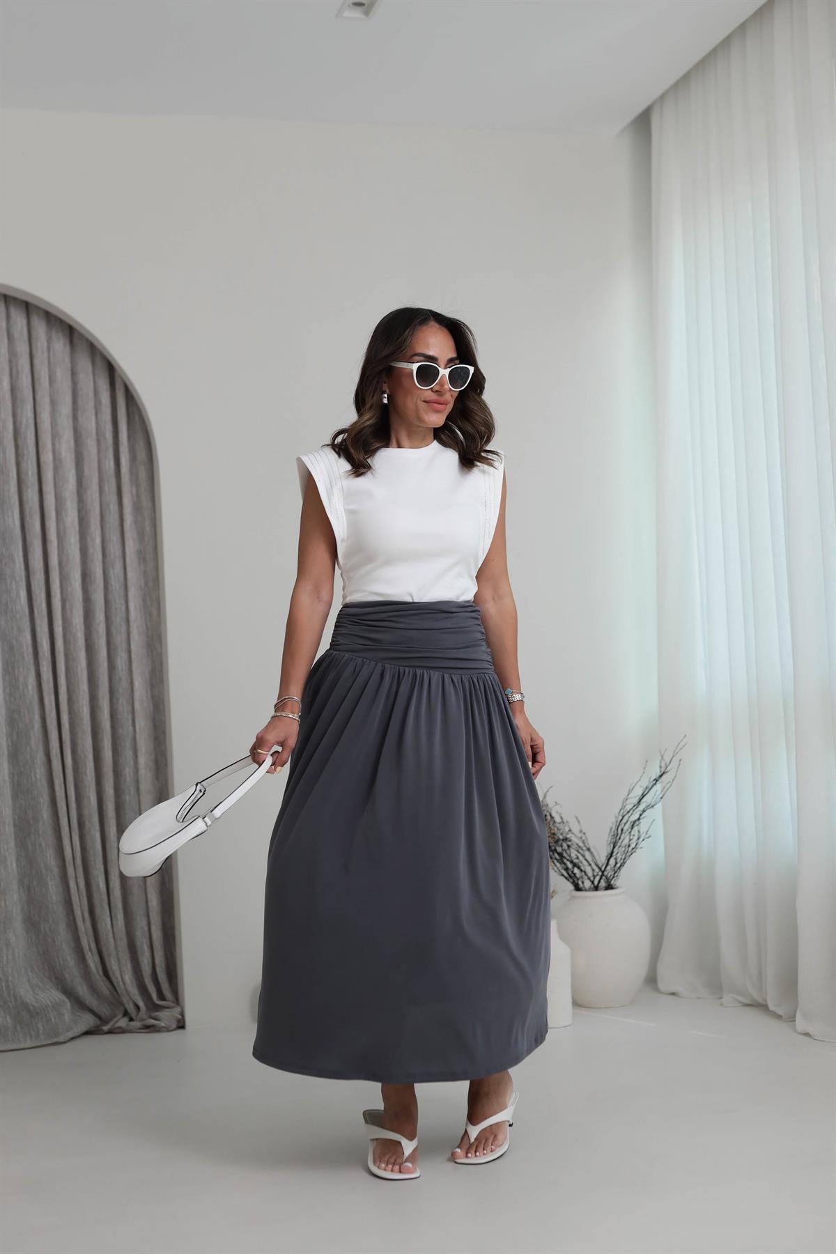 7234 Örme Korsajlı Modal Etek FÜME