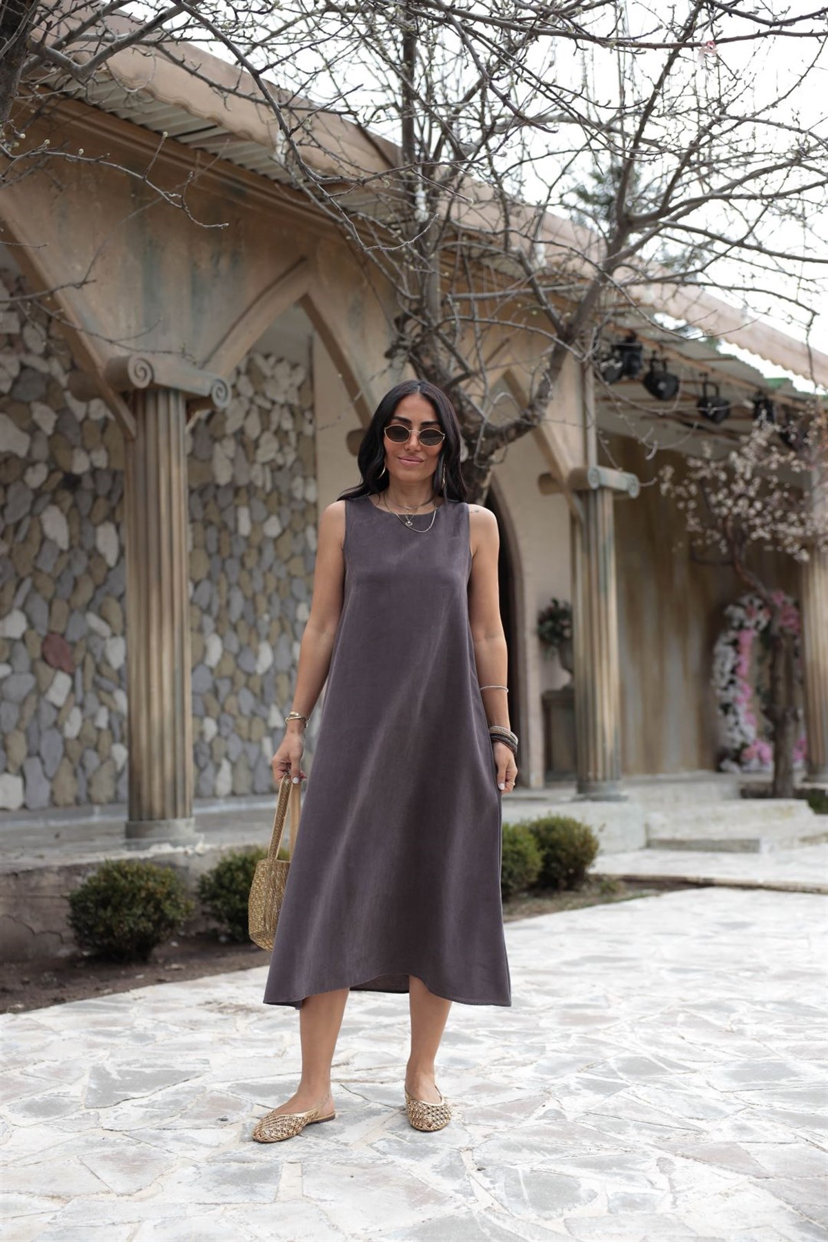 5007 Sıfır Kol Tencel Uzun Elbise MÜRDÜM