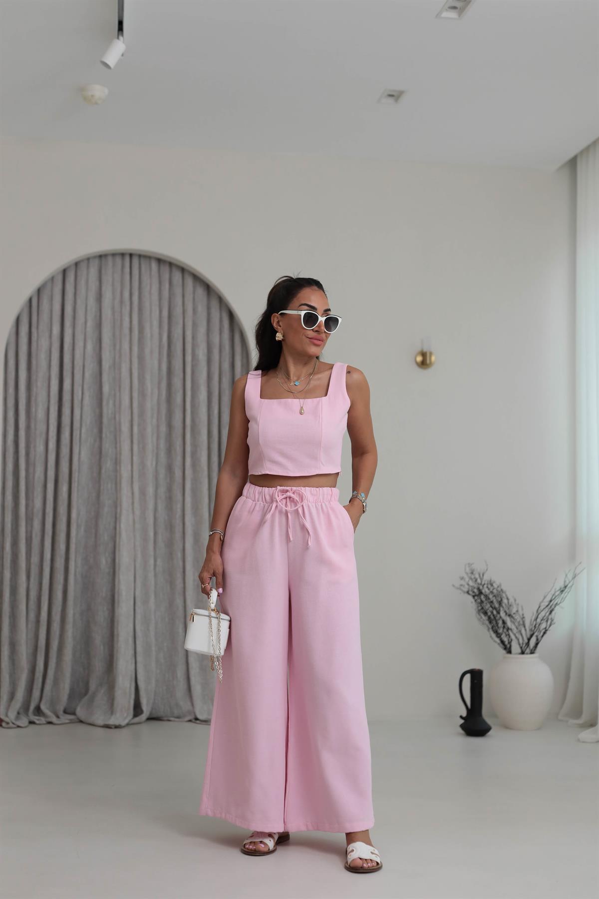 9381 Keten Kare Yaka Büstiyer Pantolon Takım PEMBE