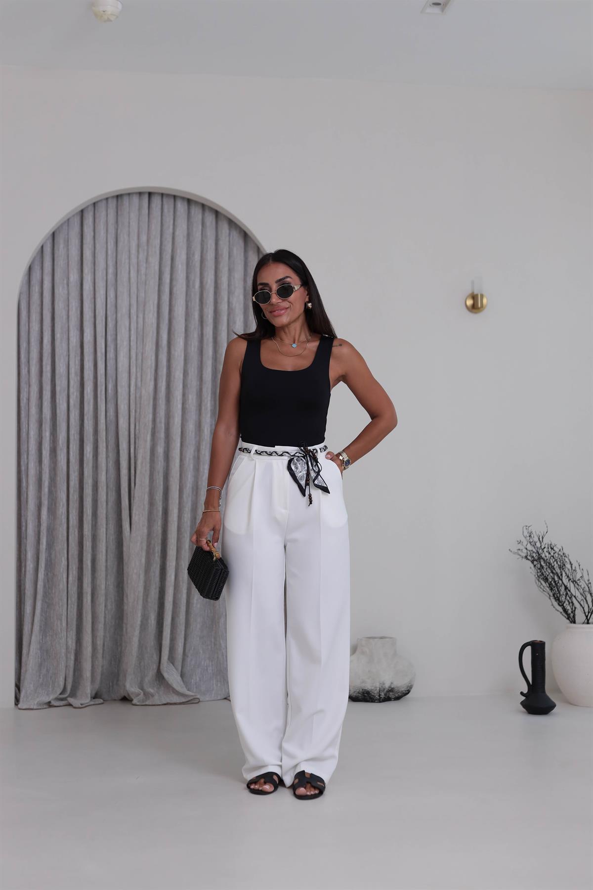 0522 Fularlı Kemerli Palazzo Pantolon EKRU