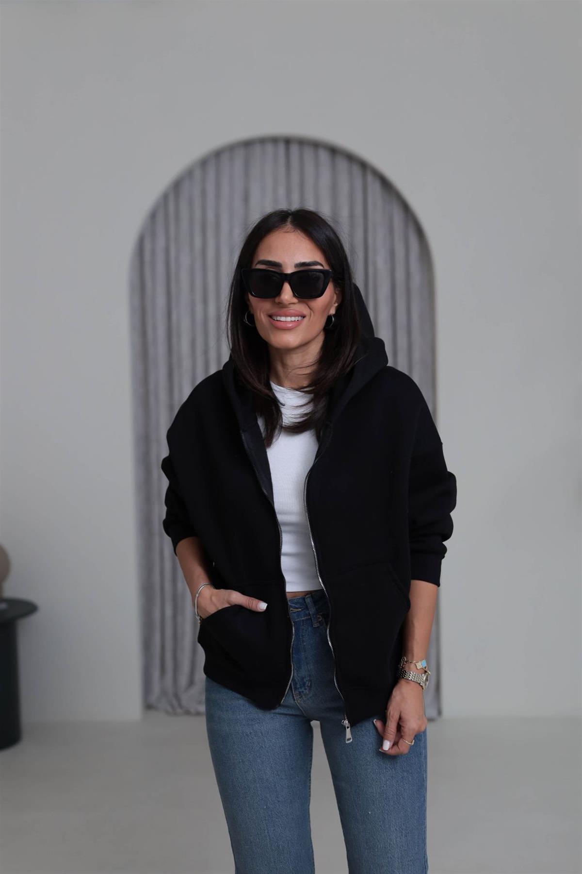 0822 Kapüşonlu Fermuarlı Şardonlu Sweatshirt SİYAH