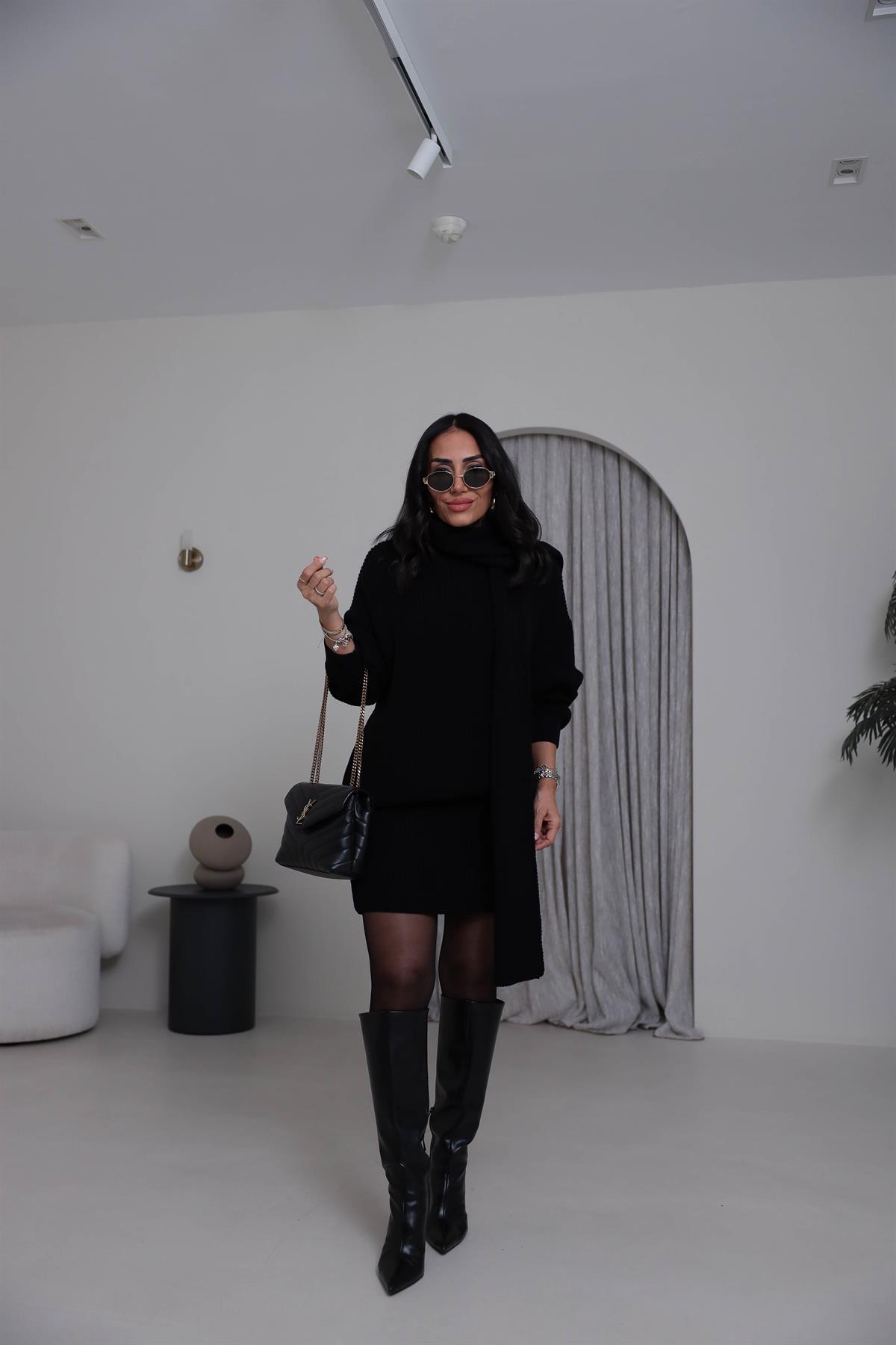 2581 Bisiklet Yaka Şal Detaylı Örgü Etek Takım SİYAH