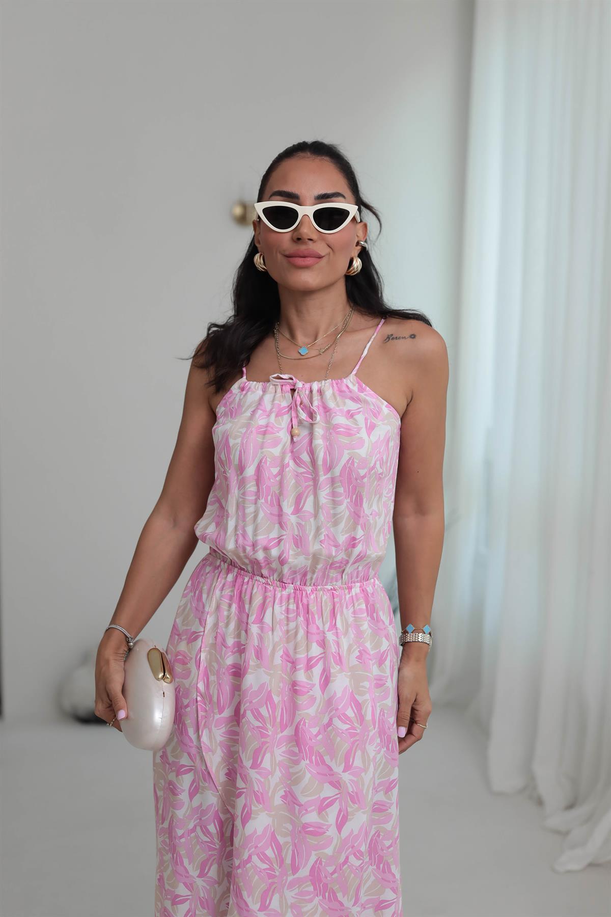 7298 Boncuk Detay Bağlamalı Bel Lastikli Elbise PEMBE