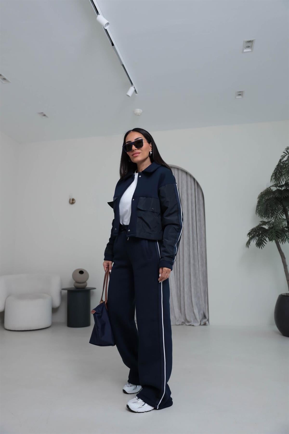 4076 Paraşüt Garnili 3 İplik Polo Yaka Çıtçıtlı Takım LACİVERT