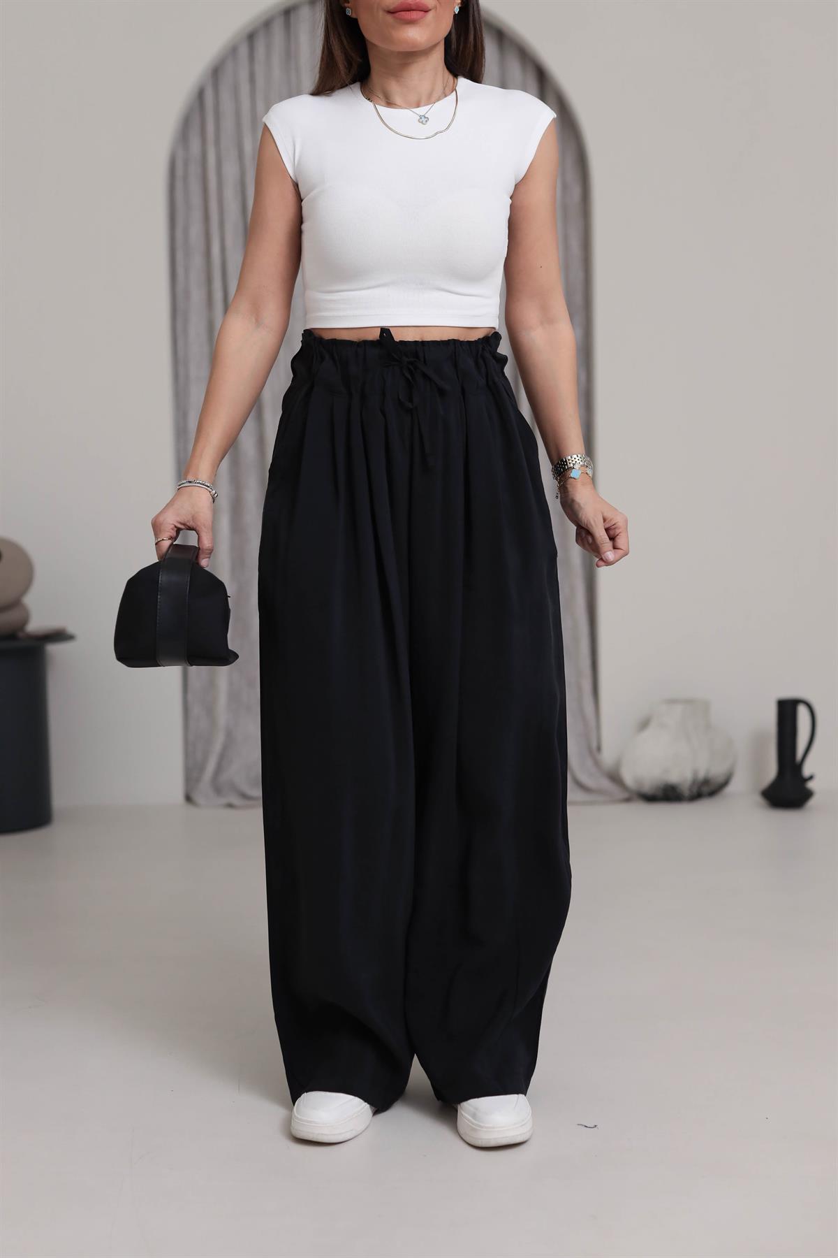 0165 Yüksek Bel Lastikli Bol Paça Tencel  Pantolon SİYAH