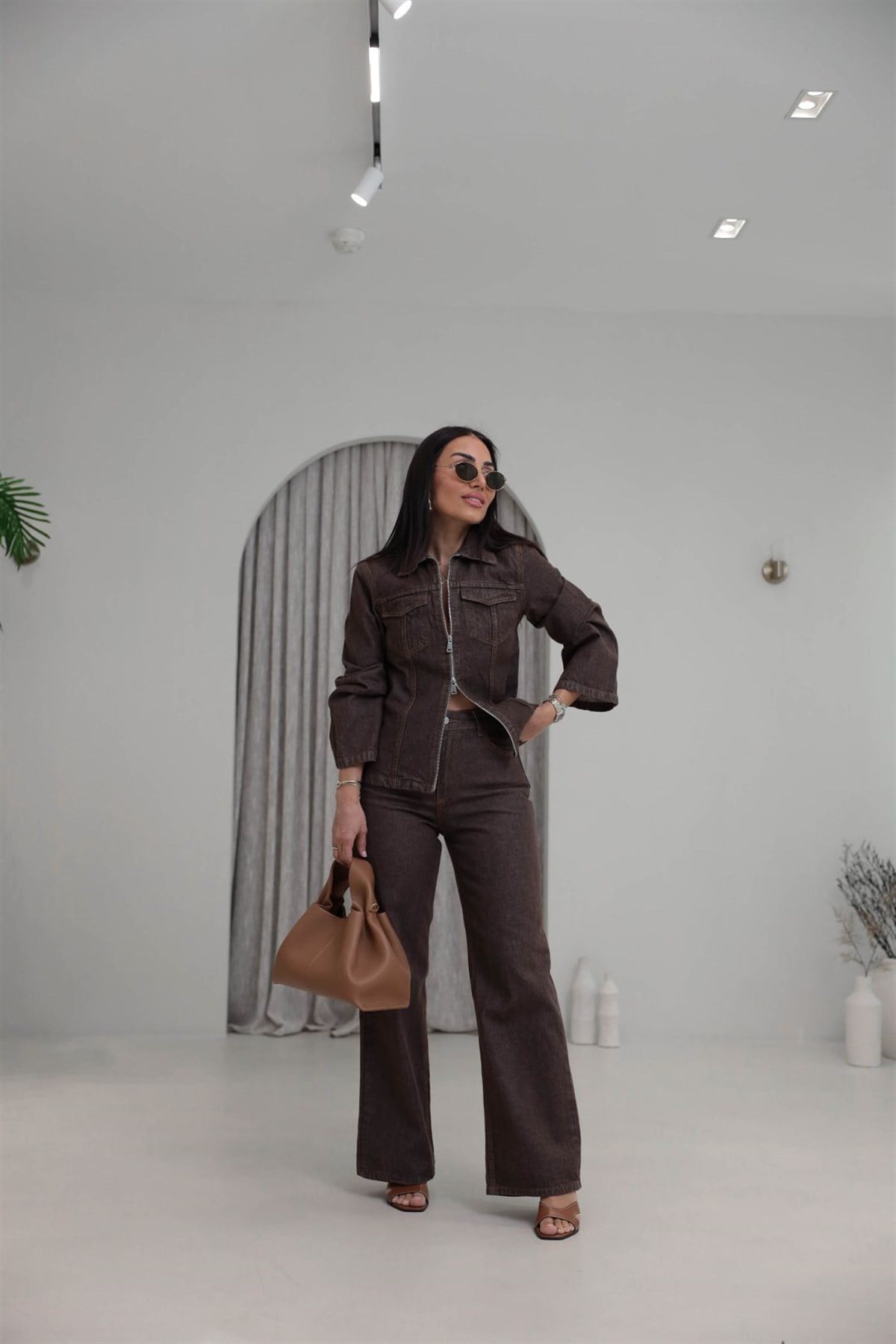 0966 Çift Yön Fermuarlı Denim Ceket Pantolon Takım KAHVE