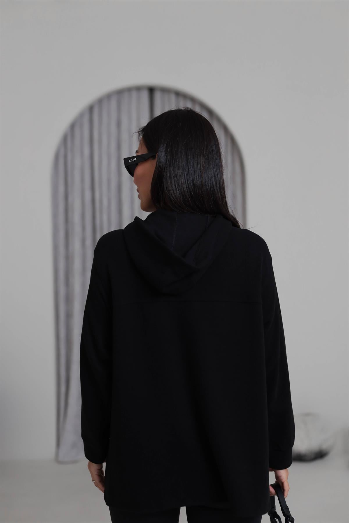 1750 Yaka Detay Selanik Kapşonlu Sweatshirt SİYAH