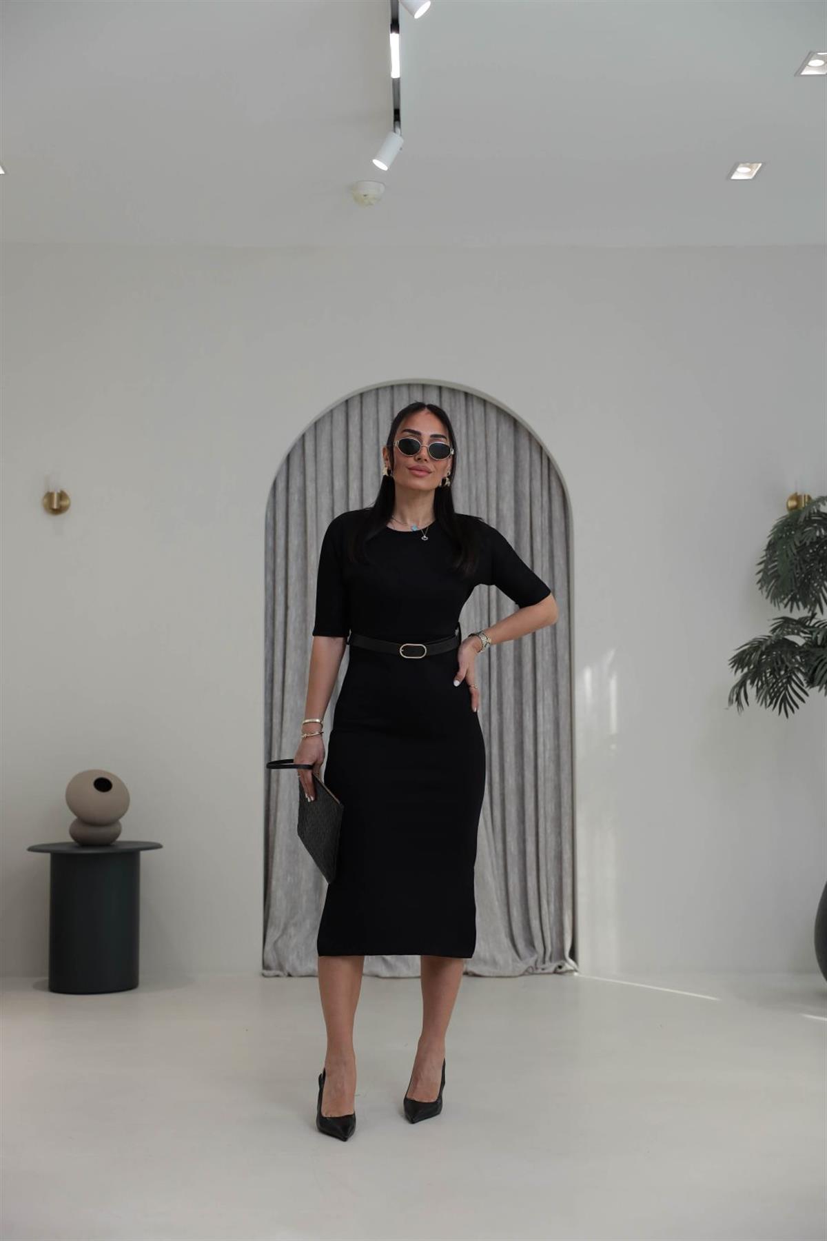 1484 Kemerli Modal Elbise SİYAH