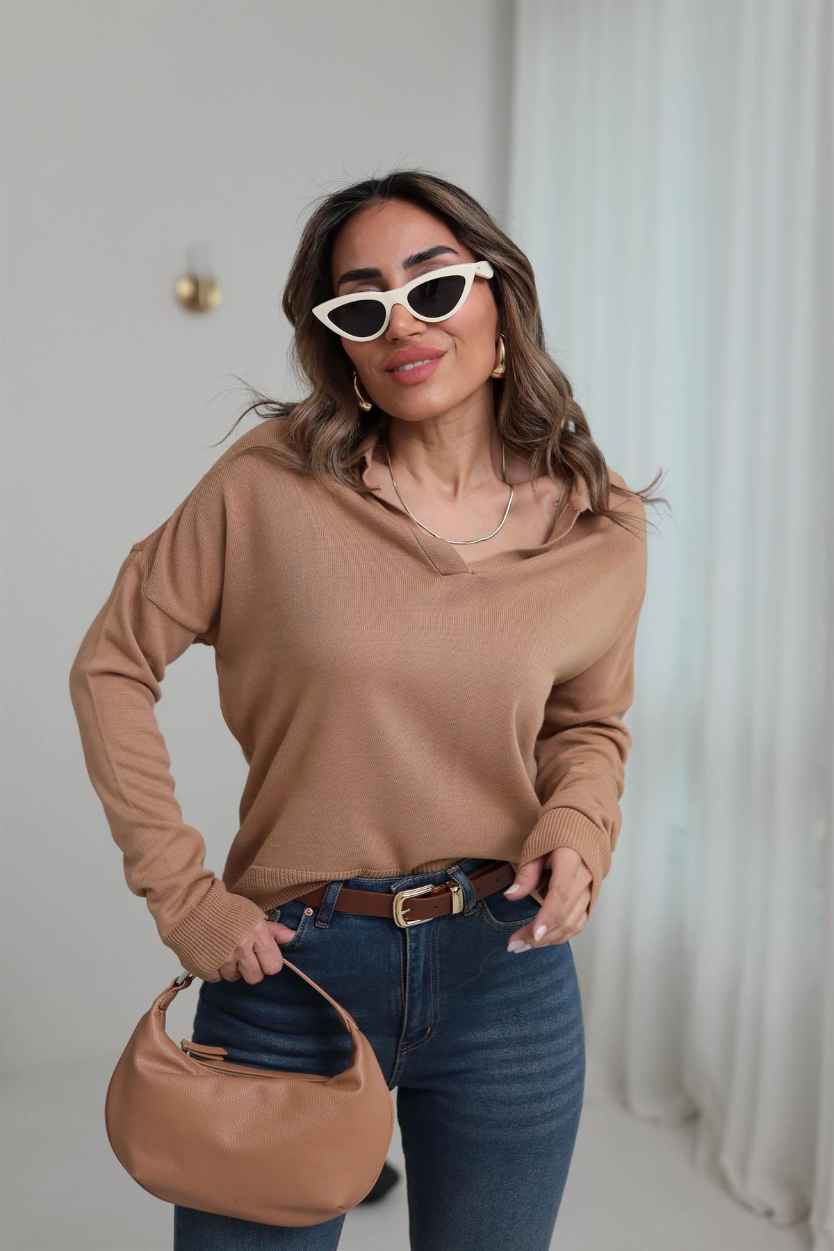 3215 Polo Yaka Mevsimlik Triko Bluz TABA