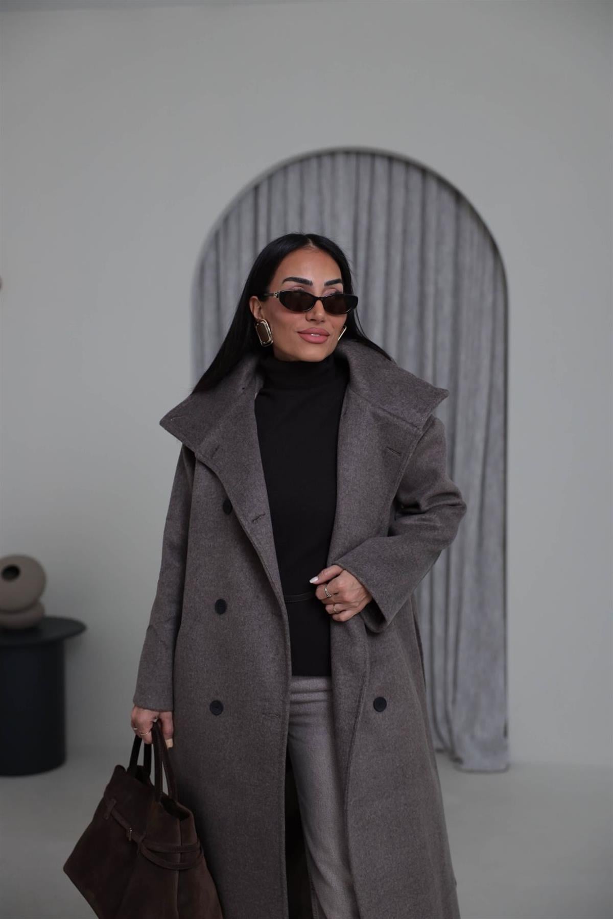 0051 Dik Yaka Yünlü Kaşe Kaban KOYU KAHVE