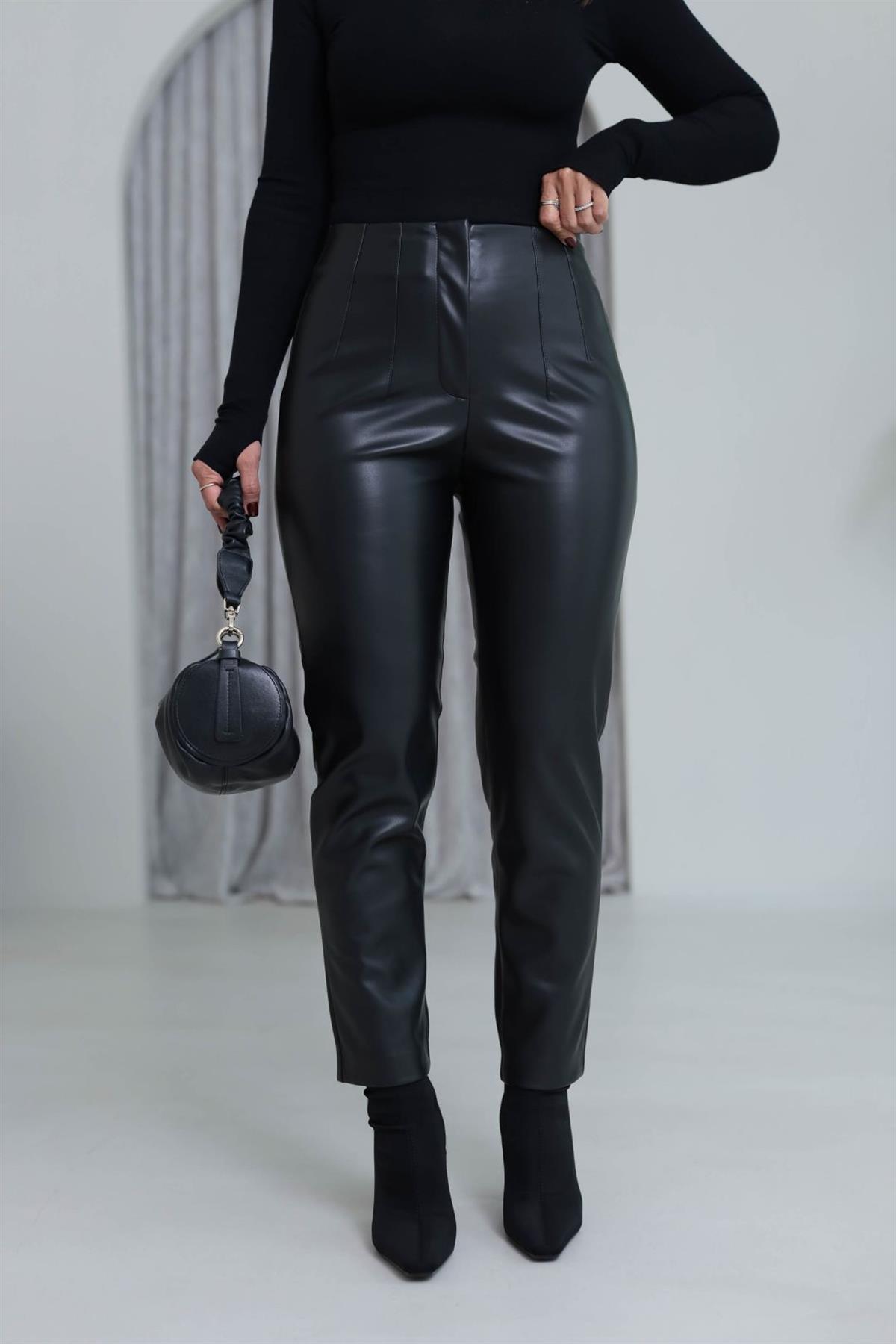 3947K Önü Flotalı Şardonlu Deri Pantolon SİYAH