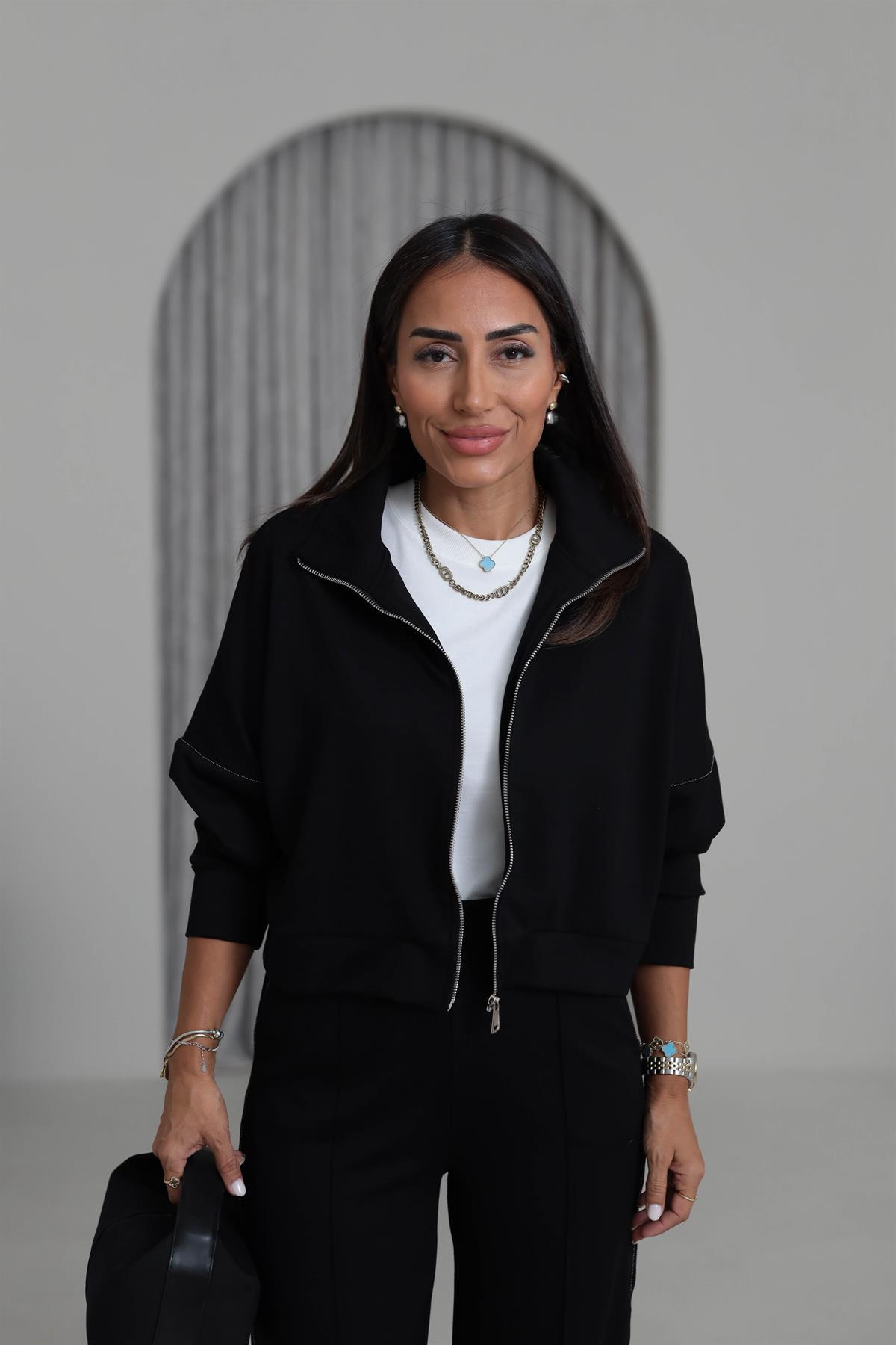 2378 Ceketi Fermuarlı Zincir Detay Modal Takım SİYAH