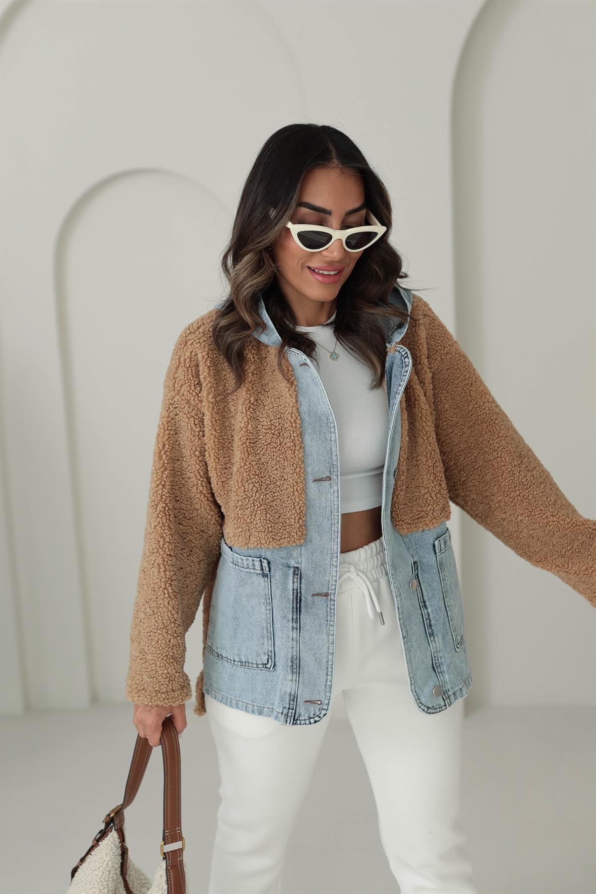 4163 Kot Garnili Kapşonlu Teddy Mont CAMEL