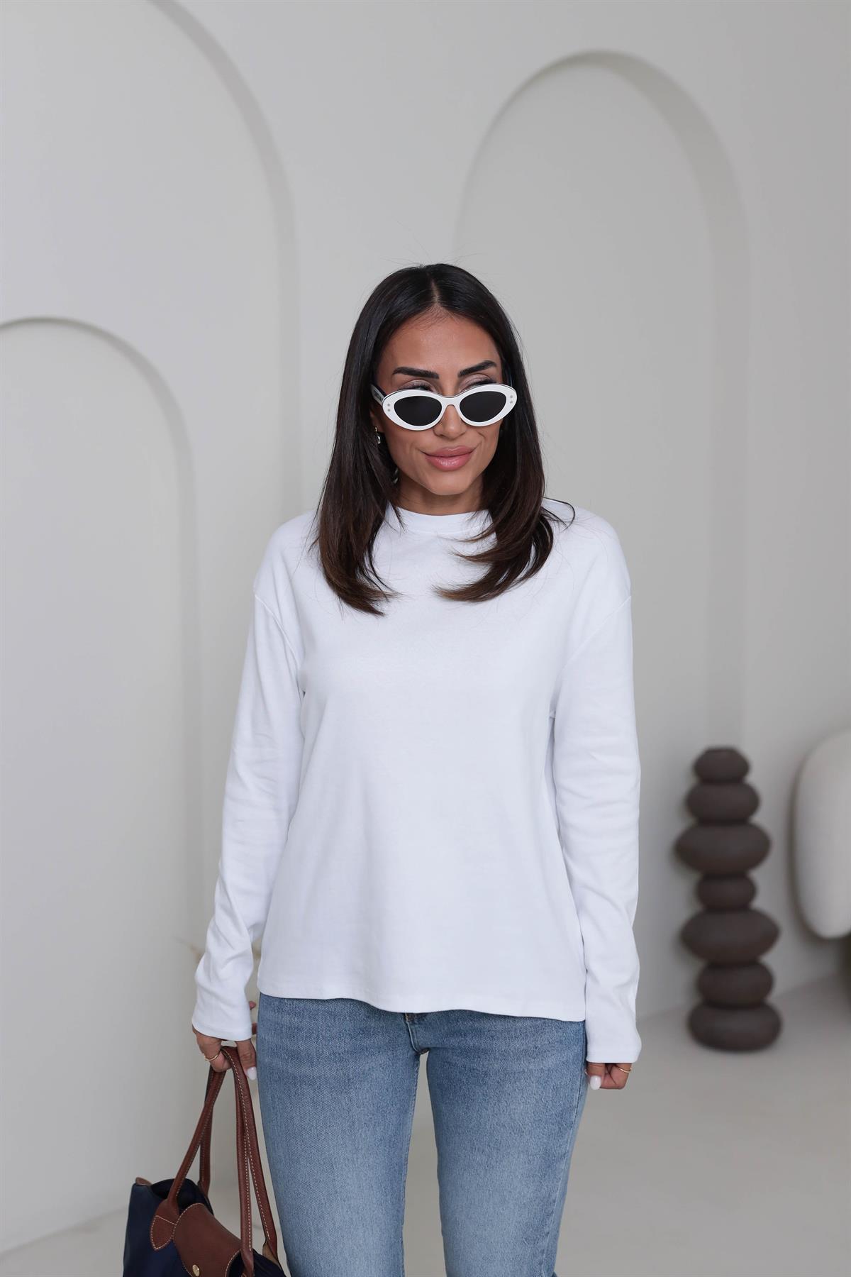 4141 Bisiklet Yaka Uzun Kol Penye Bluz BEYAZ