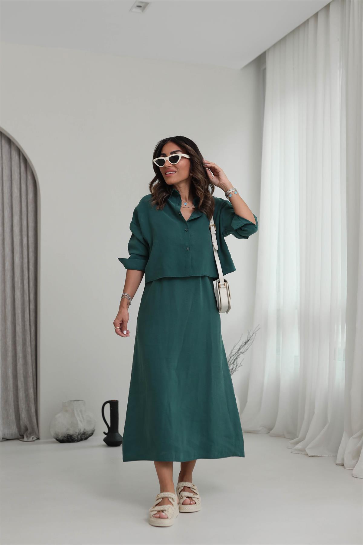 1153 Tencel Gömlek & Elbise Takım KOYU YEŞİL