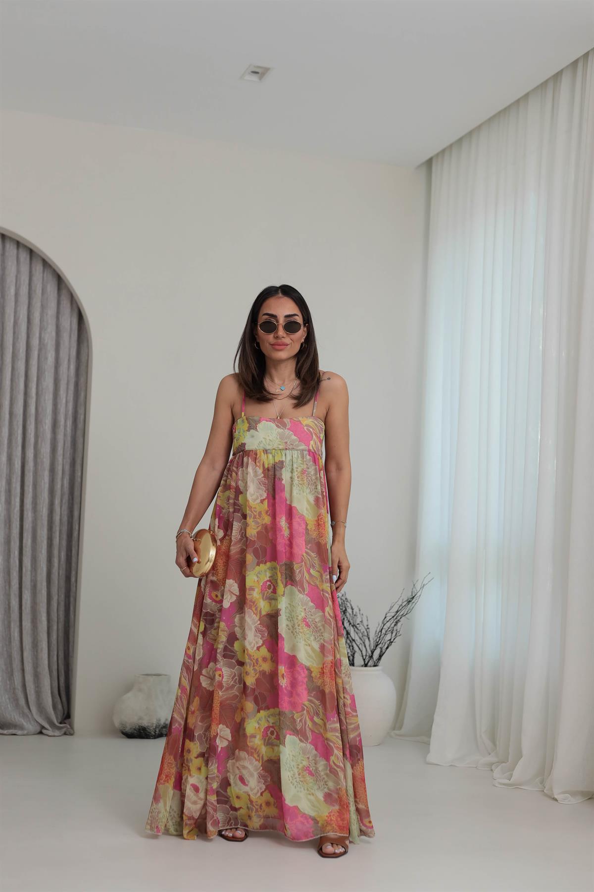 6509 Çiçekli Şifon Askılı Maxi Elbise ÇİÇEKLİ