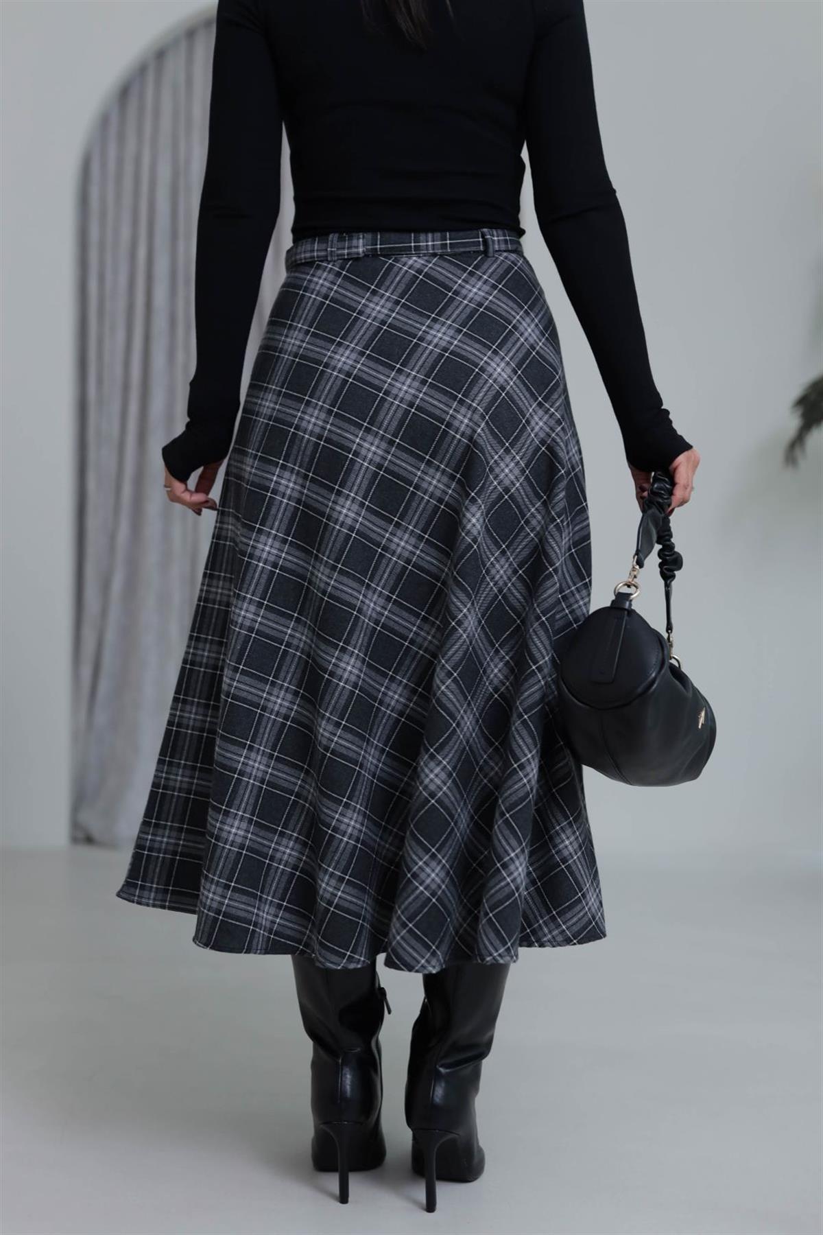 6977 Ön Düğme Detaylı Ekose Çan Etek SİYAH