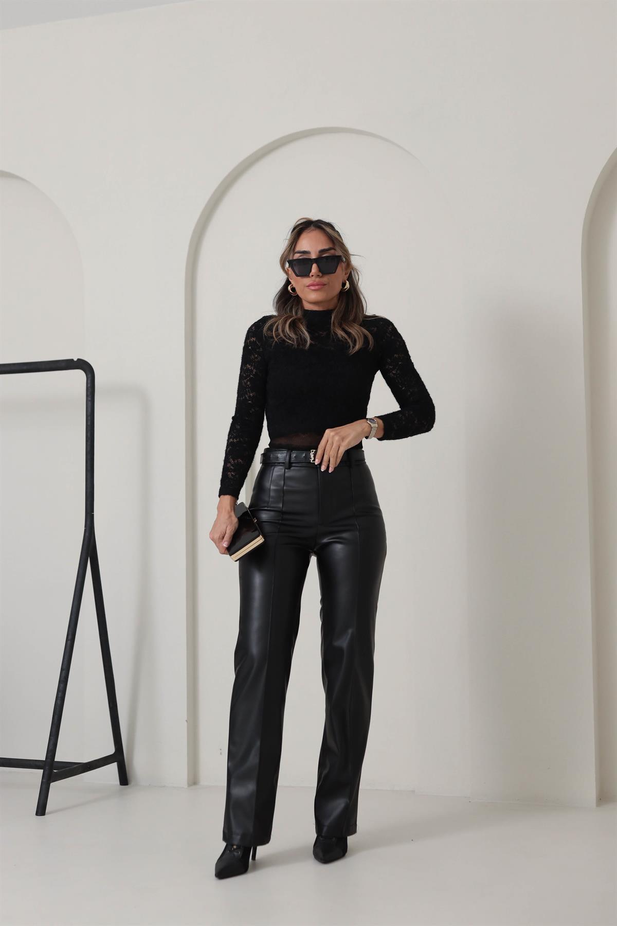 5076X Çimalı Deri Pantolon SİYAH
