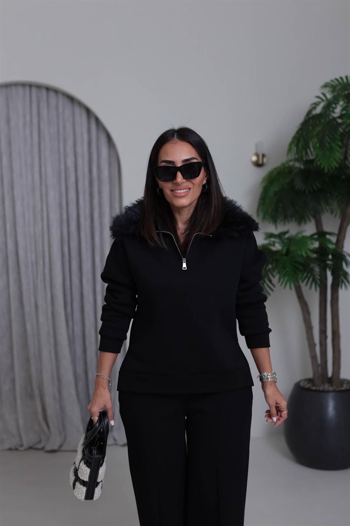 4066 Kürk Yakalı Şardonlu Takım SİYAH