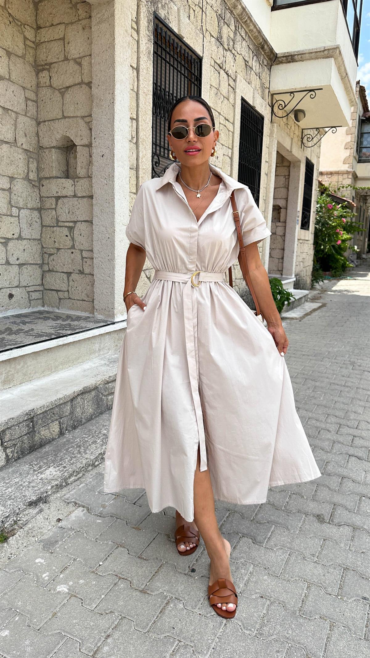 9679 Kemerli Kısa Kol Gömlek Elbise