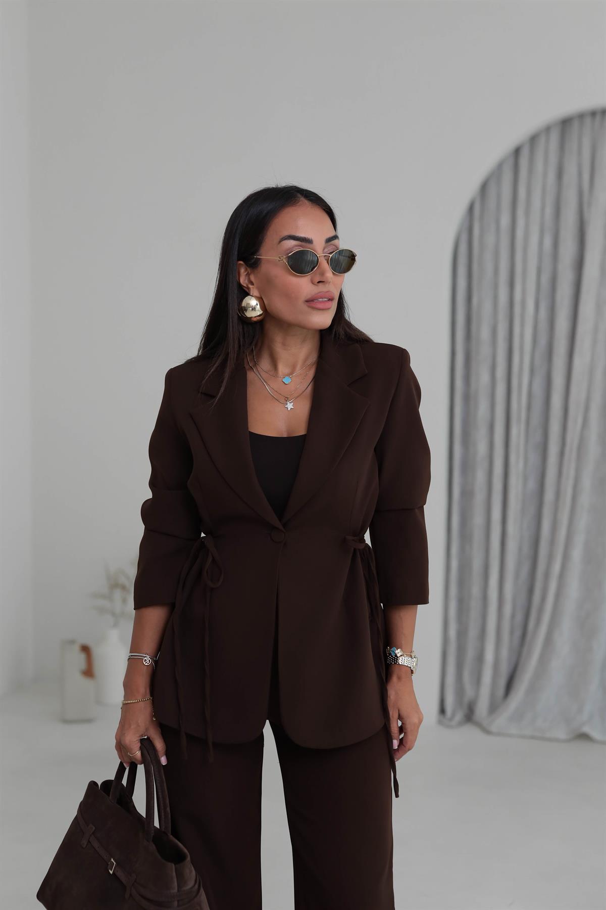 9241 Bağlamalı Oversize Ceketli Takım KAHVE