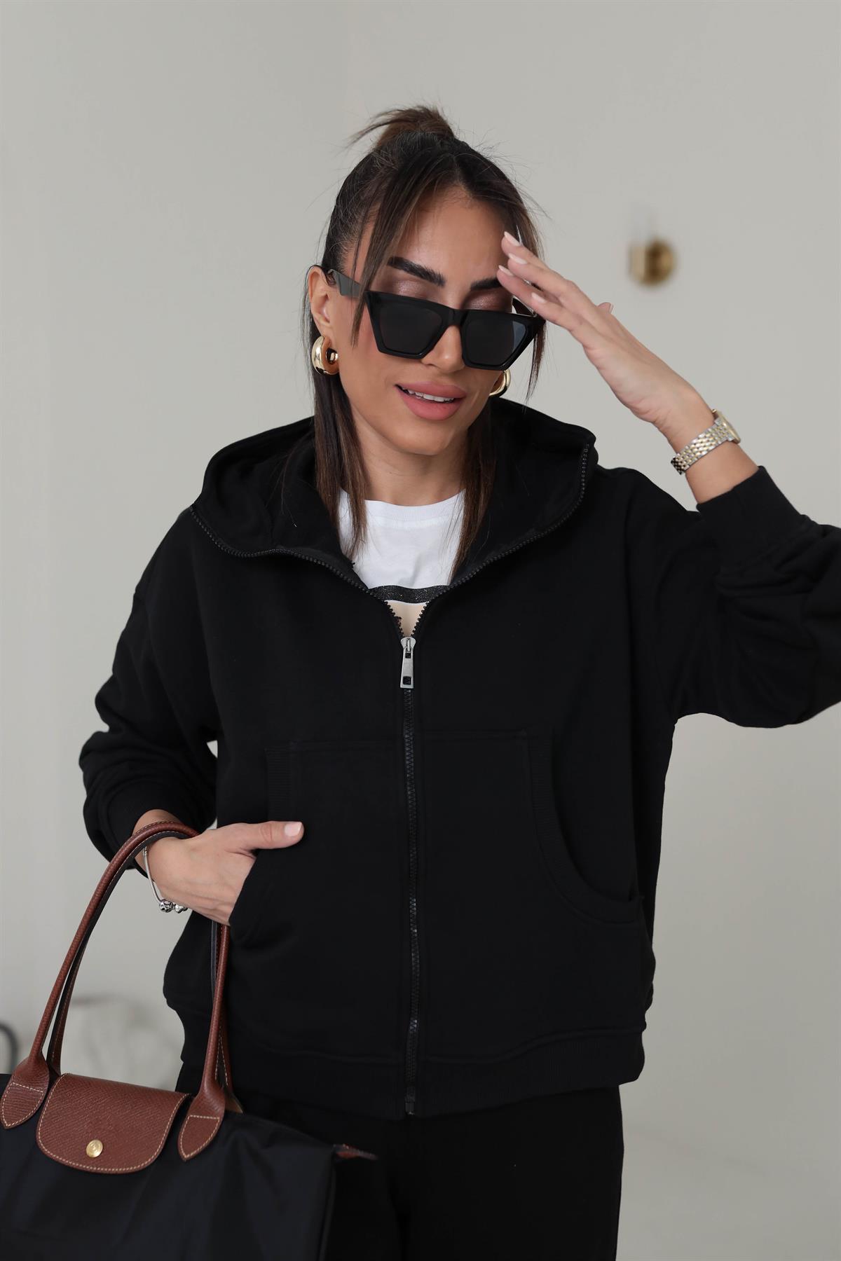 1234 Kolları Ribanalı Kapşonlu Ve Fermuarlı Sweatshirt SİYAH