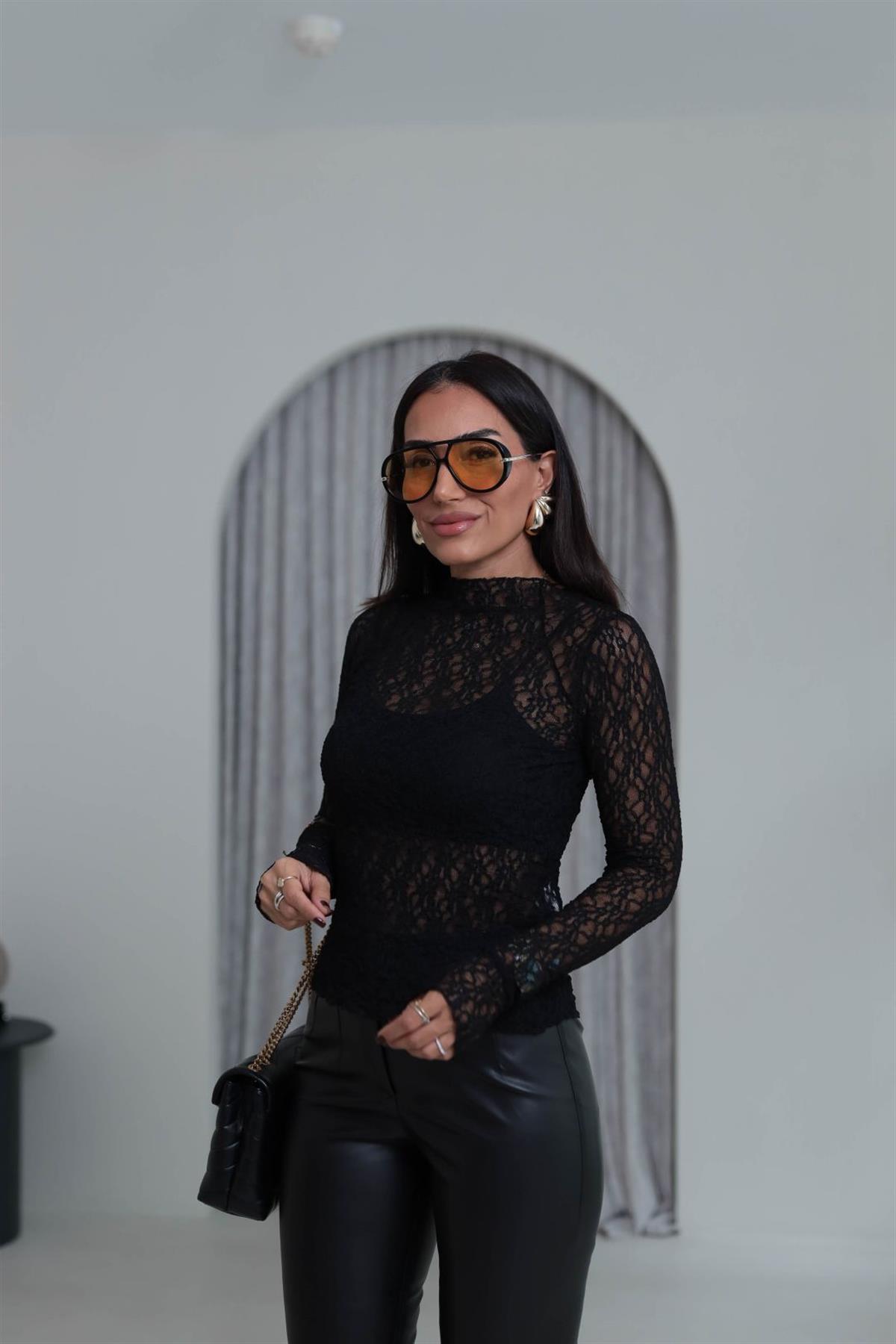 1013 Uzun Kollu Dantel Bluz SİYAH