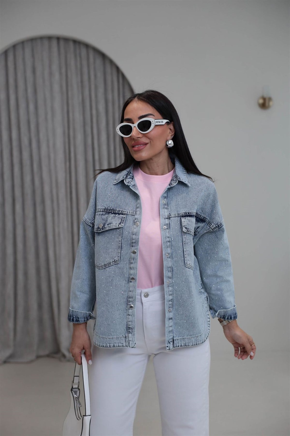 3406 Yıkamalı Serpme Taşlı Gömlek Ceket AÇIK MAVİ