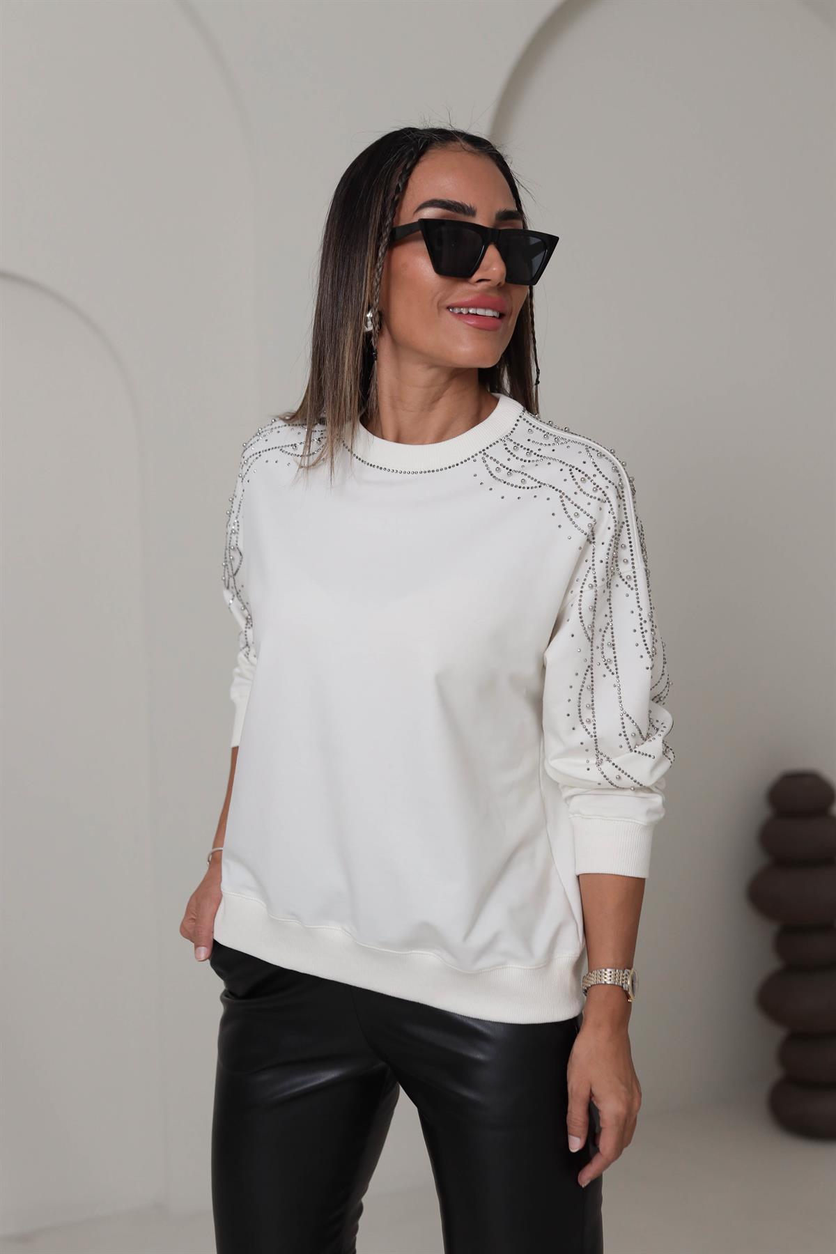 5305 Kolları Taş İşlemeli Sweatshirt