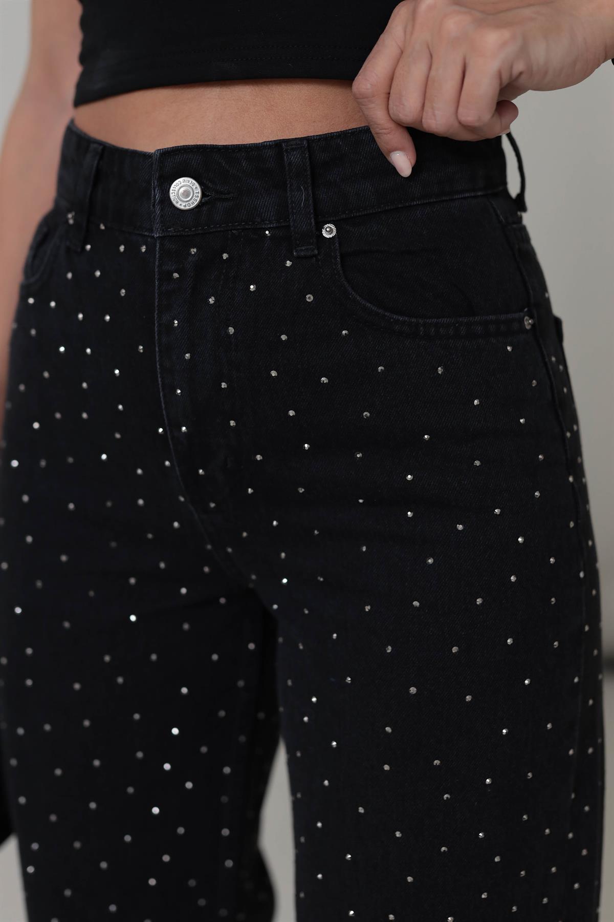 T1071 Yüksek Bel Taşlı Palazzo Jean FÜME