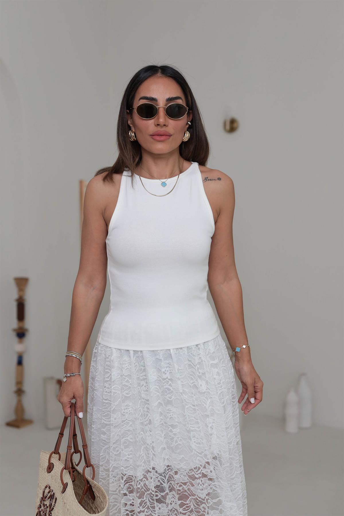 1048 Halter Yaka Pamuklu Top EKRU