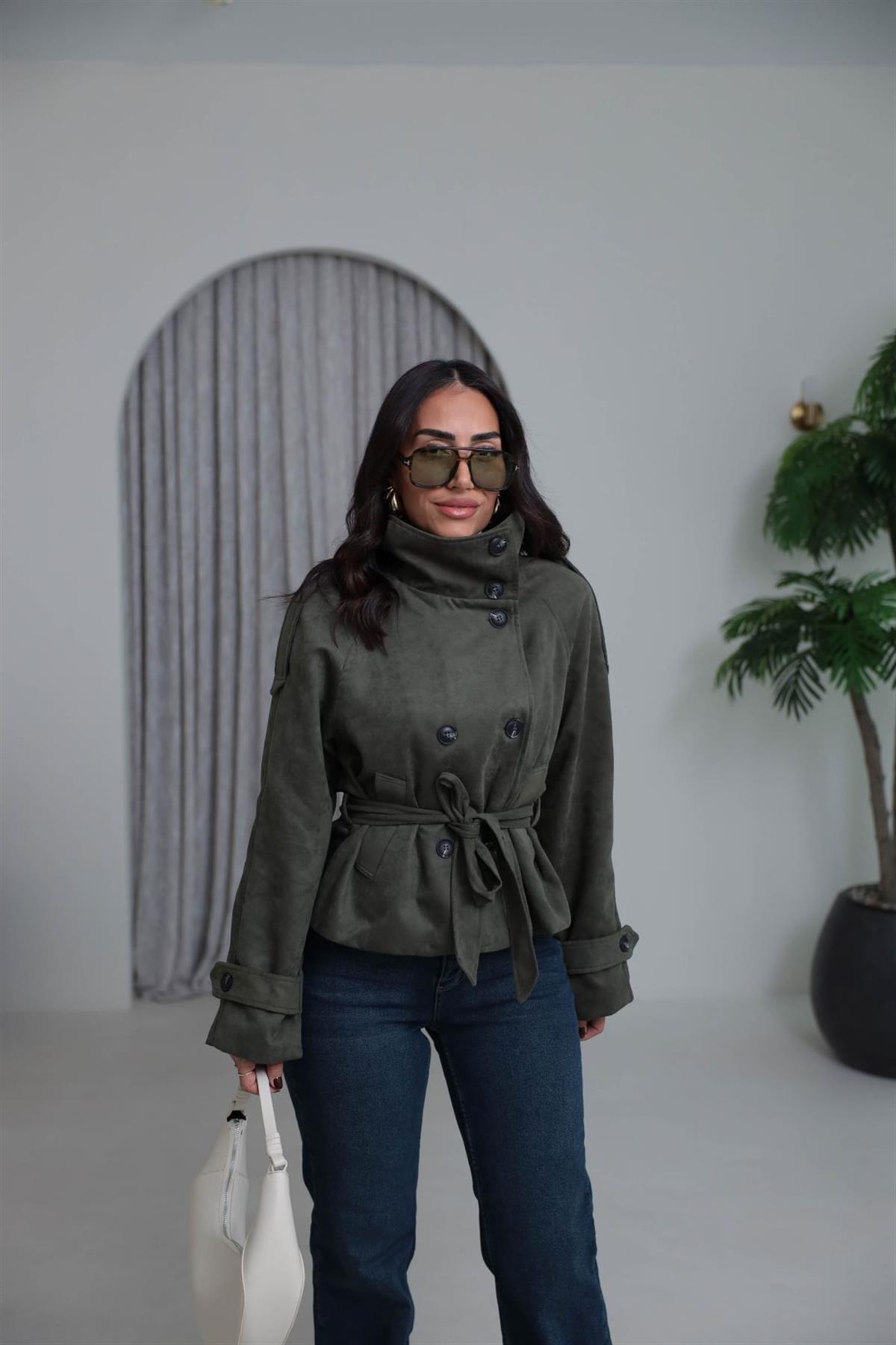 8437 Dik Yaka Kuşaklı Süet Ceket HAKİ YEŞİL