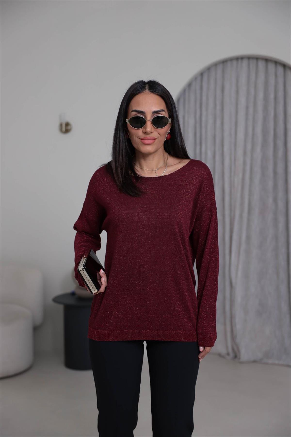 Kayık Yaka Simli Bluz BORDO