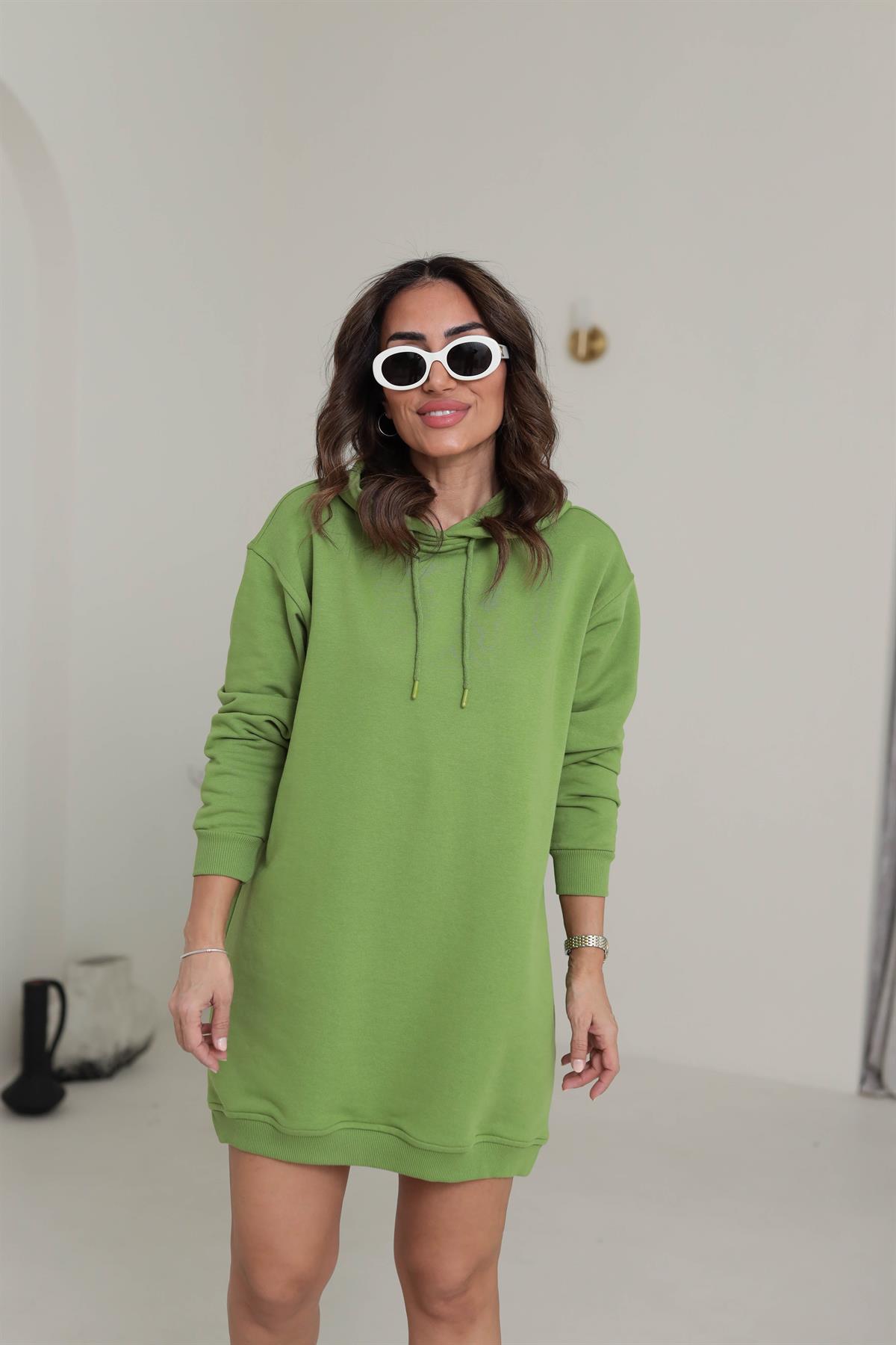 1231 Kapşonlu Sweat Elbise FISTIK YEŞİLİ