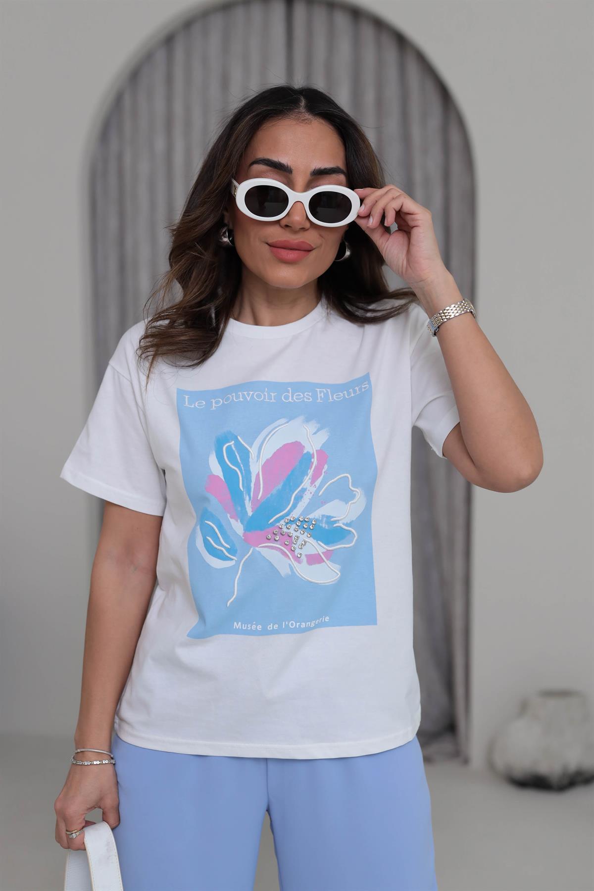 0223 Çiçek ve Taş Detaylı Tshirt MAVİ