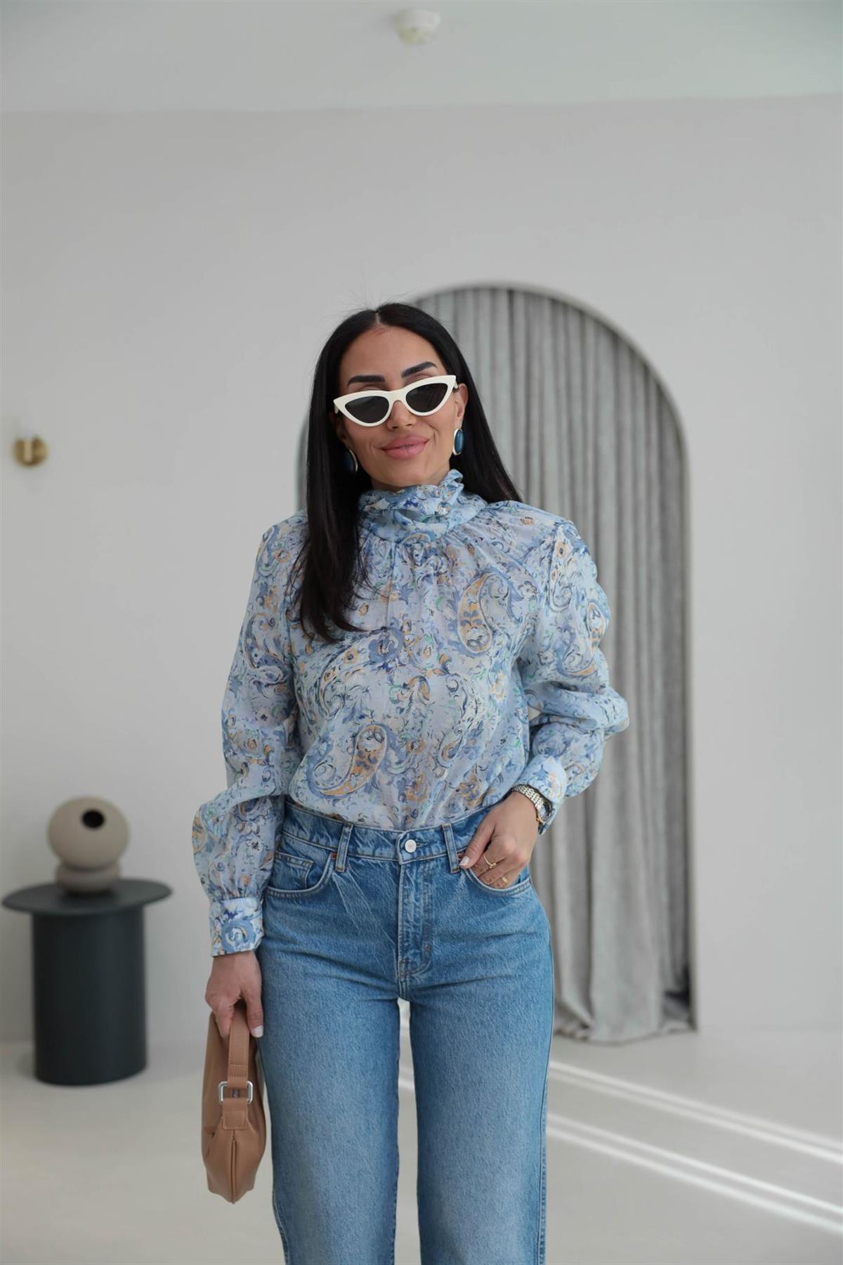 8169 Desenli Şal Yaka Gömlek MAVİ