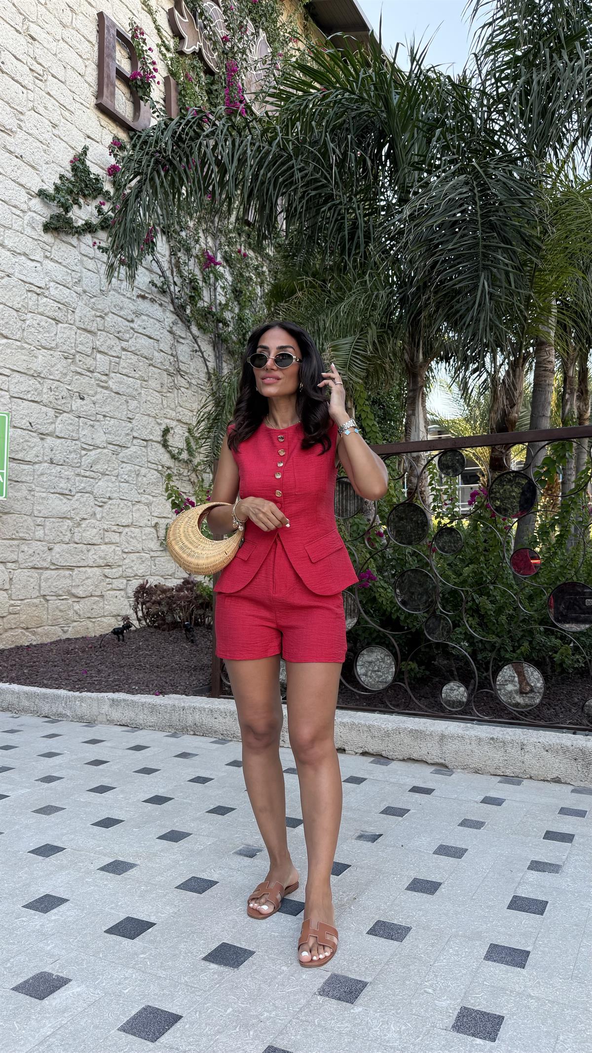 0284 Düğme Detaylı Dokuma Yelek & Şort Takım KIRMIZI