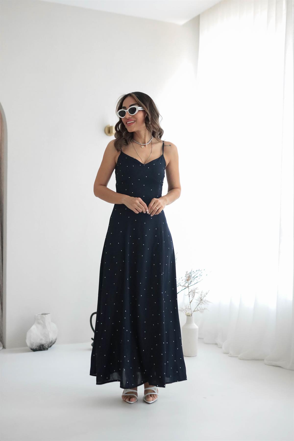 3505 İp Askılı Puantiyeli Elbise