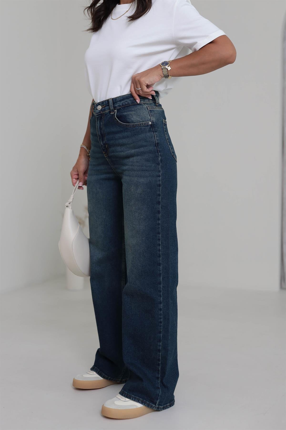 1071 Yüksek Bel Dökümlü Palazzo Jean KOYU TİNTLİ