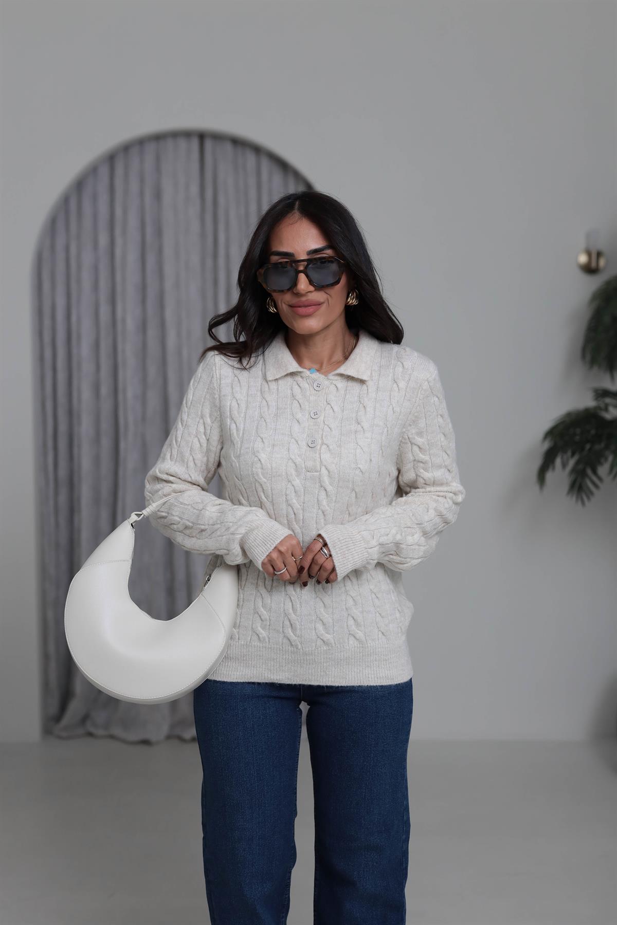 0145 Saç Örgü Polo Yaka Rahat Kazak TAŞ