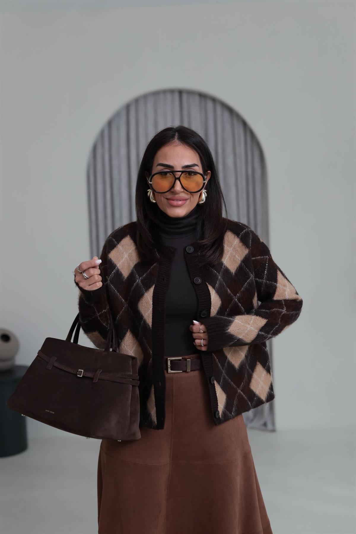 6902 Bisiklet Yaka Baklava Desen Hırka KAHVE