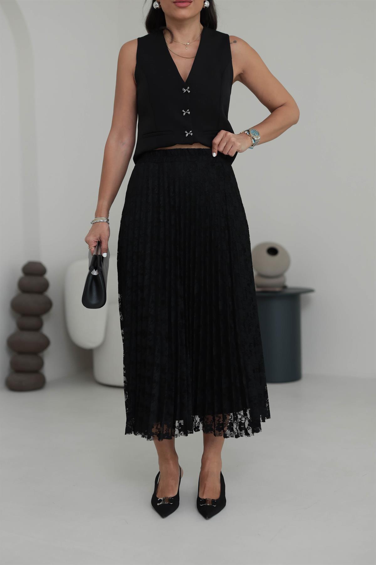 7206 Dantelli Pliseli Etek SİYAH