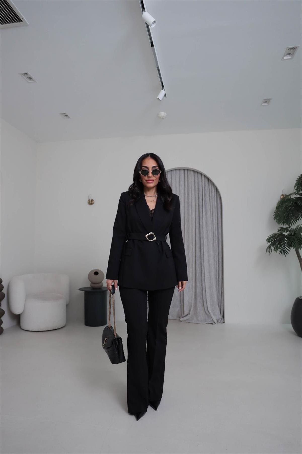 0310 Kemerli Ceketli Pantolon Takım SİYAH