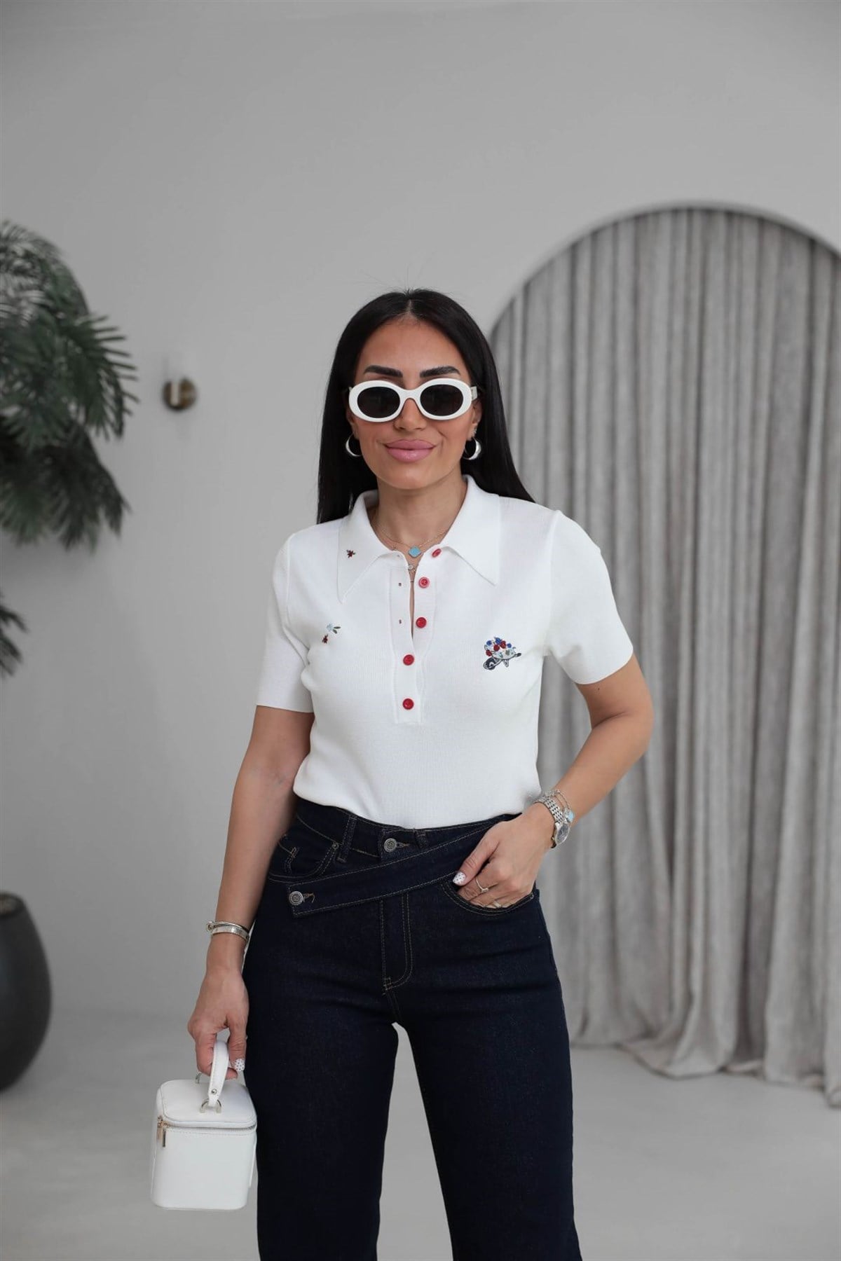 0615 Çiçek Nakış Detay Polo Yaka Kısa Kol Triko EKRU