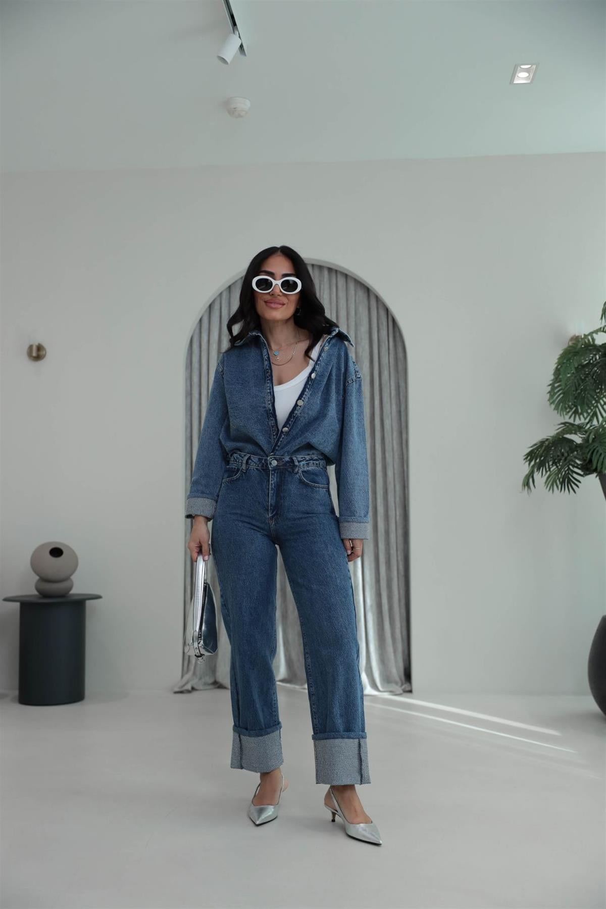 0191 Kol ve Paça Uçları Taşlı Denim Takım MAVİ